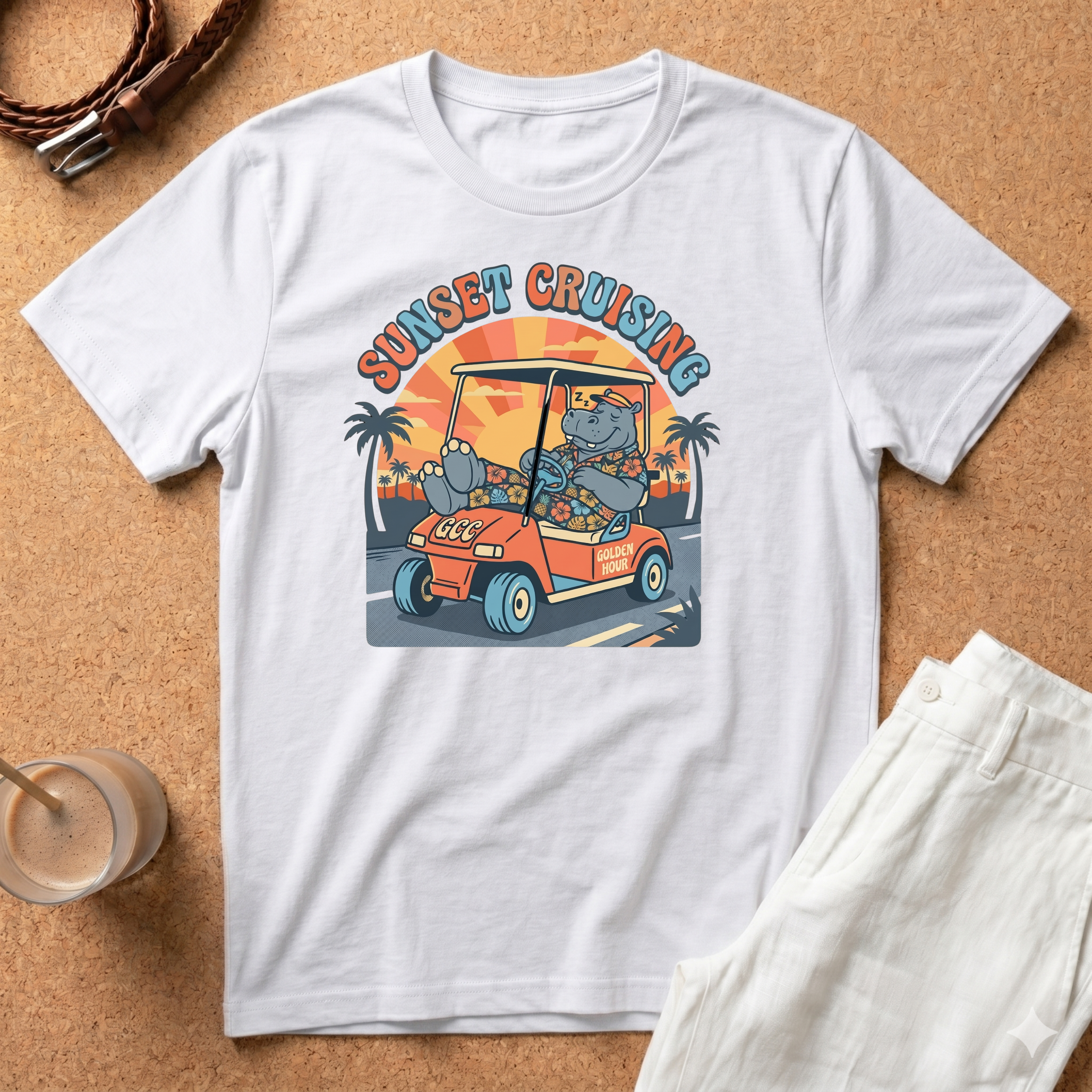 Sunset Cruising T-Shirt — Vintage Golf Cart Beach Tee