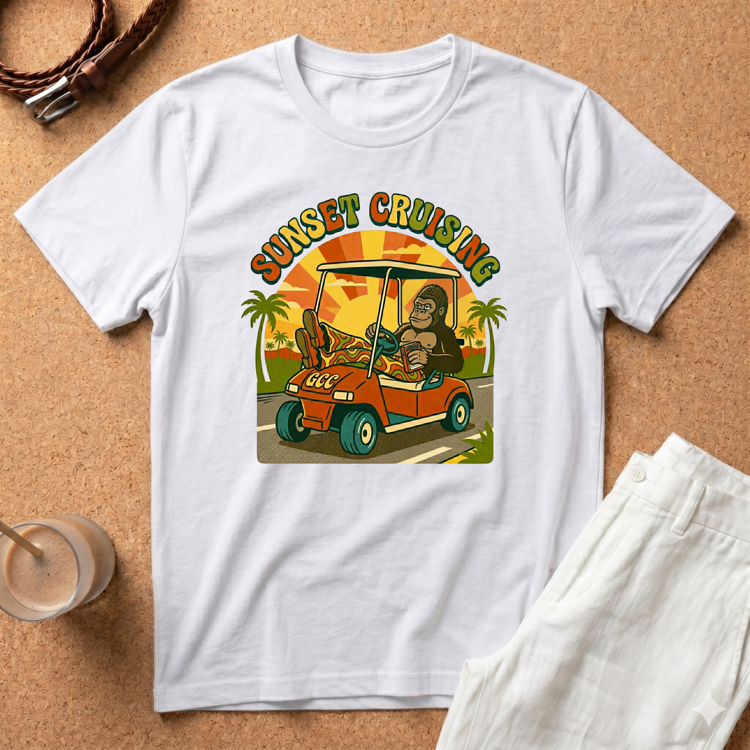 Sunset Cruising T-Shirt — Vintage Golf Cart Beach Tee
