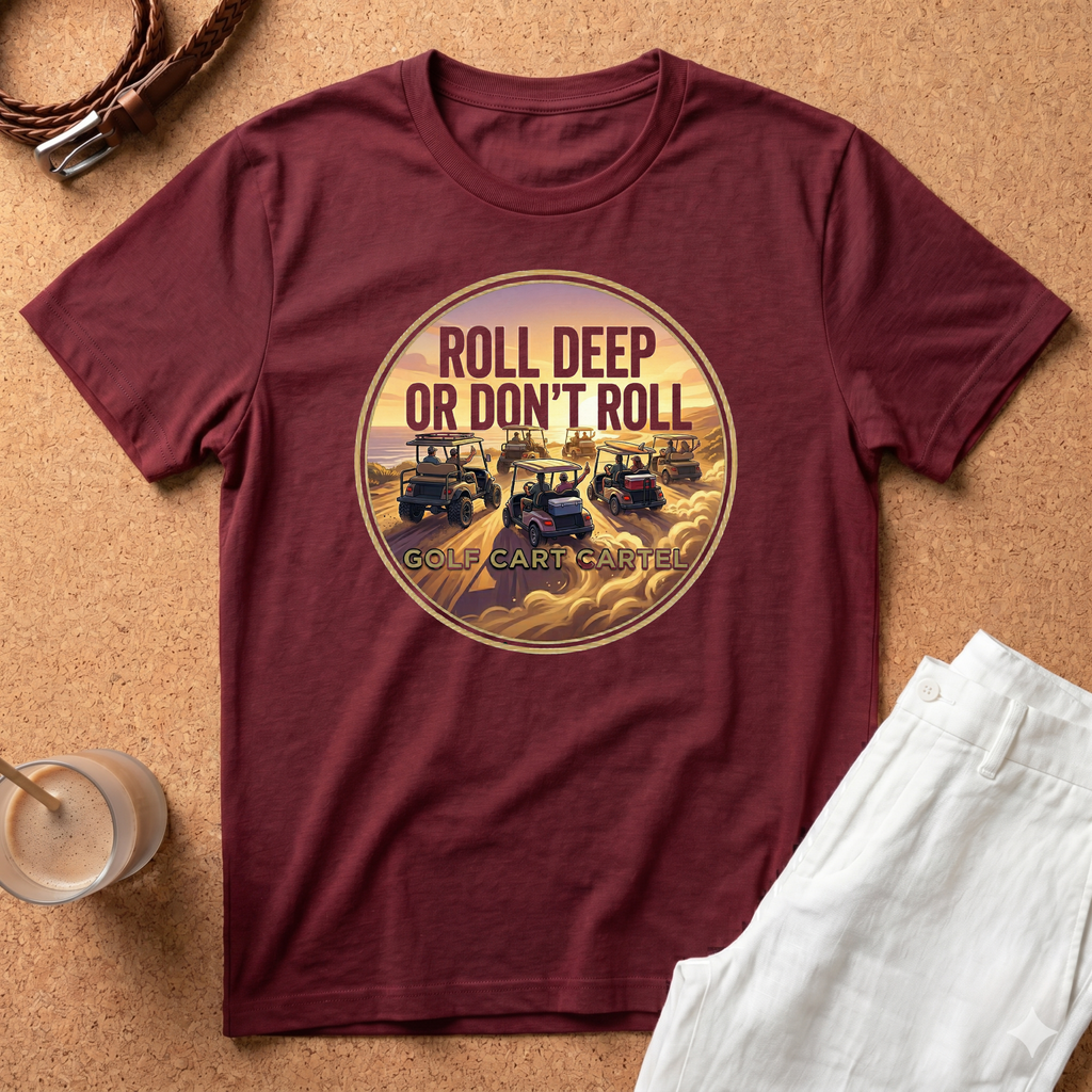 Roll Deep or Don’t Roll Golf Cart T-Shirt — Vintage Sunset Driving Crew Tee