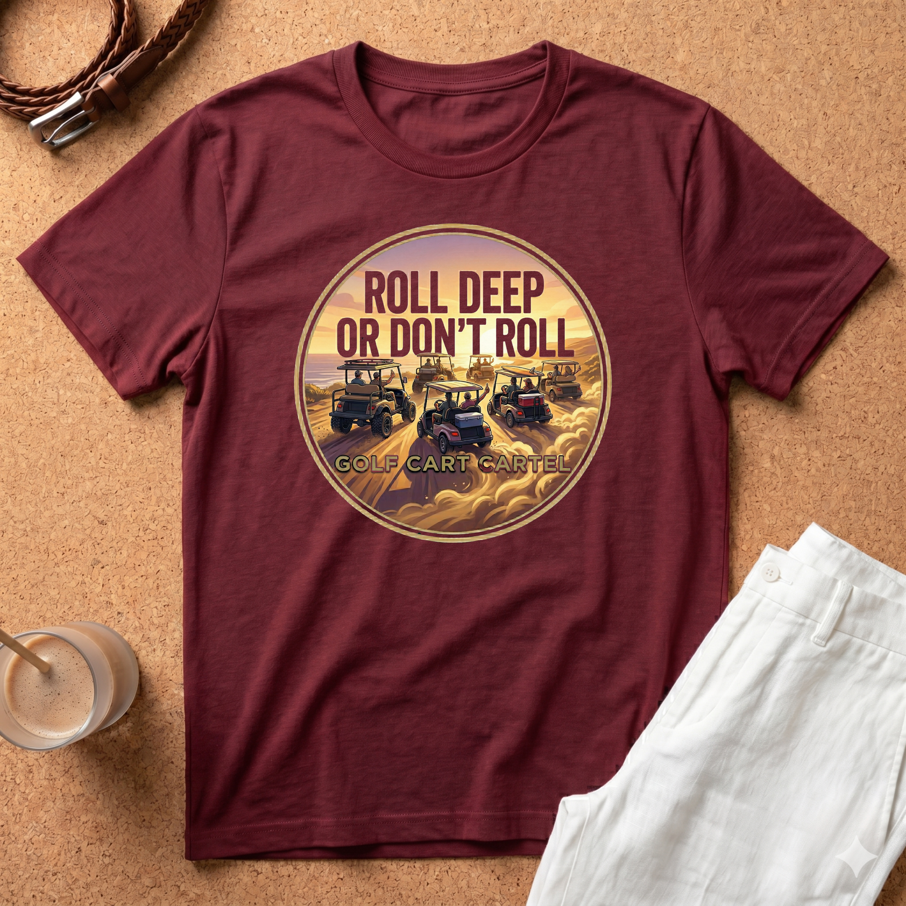 Roll Deep or Don’t Roll Golf Cart T-Shirt — Vintage Sunset Driving Crew Tee