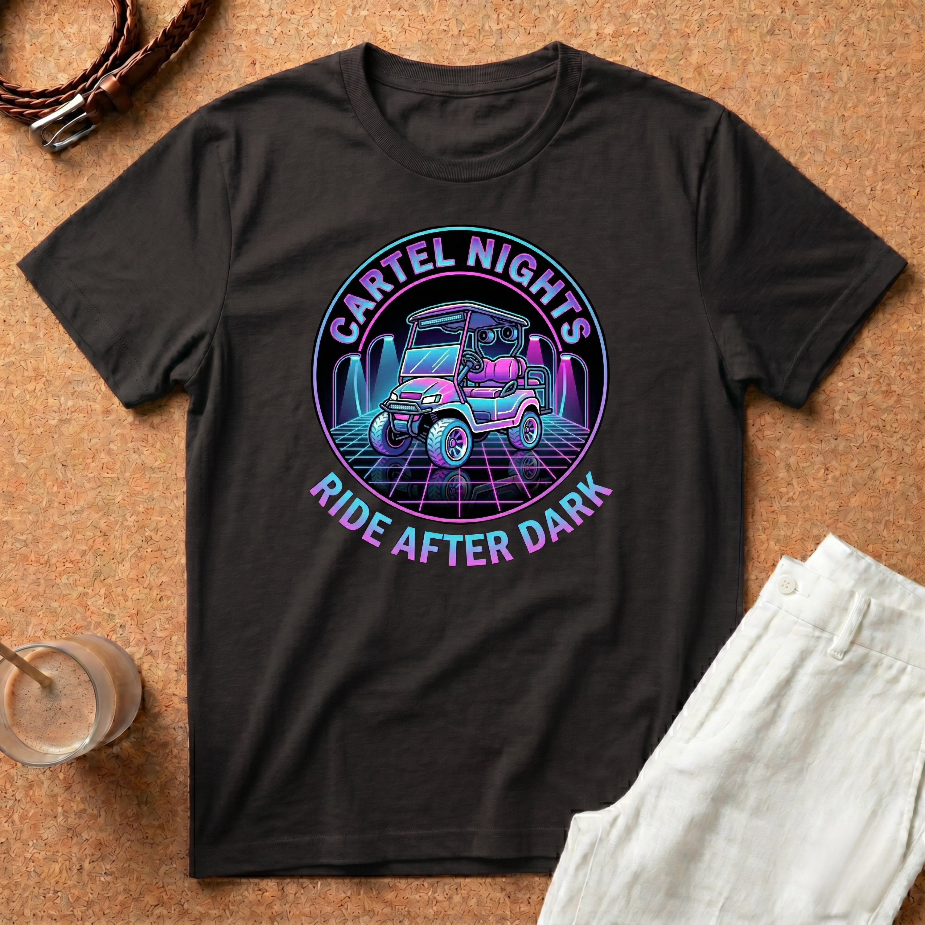 Cartel Nights Golf Cart T‑Shirt — "Ride After Dark" Retro Neon