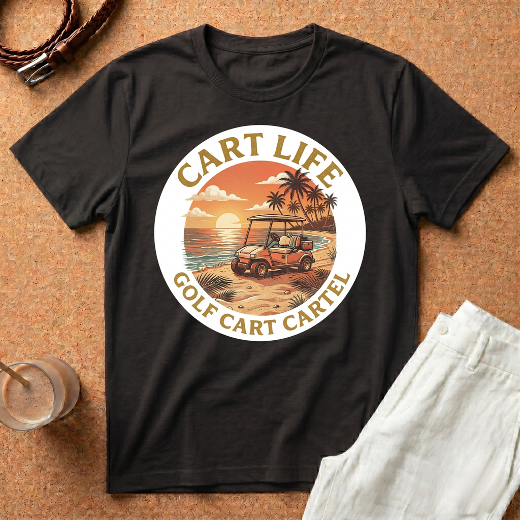 Golf Cart Life Sunset T-Shirt — "Cart Life: Golf Cart Cartel" Retro Beach Tee