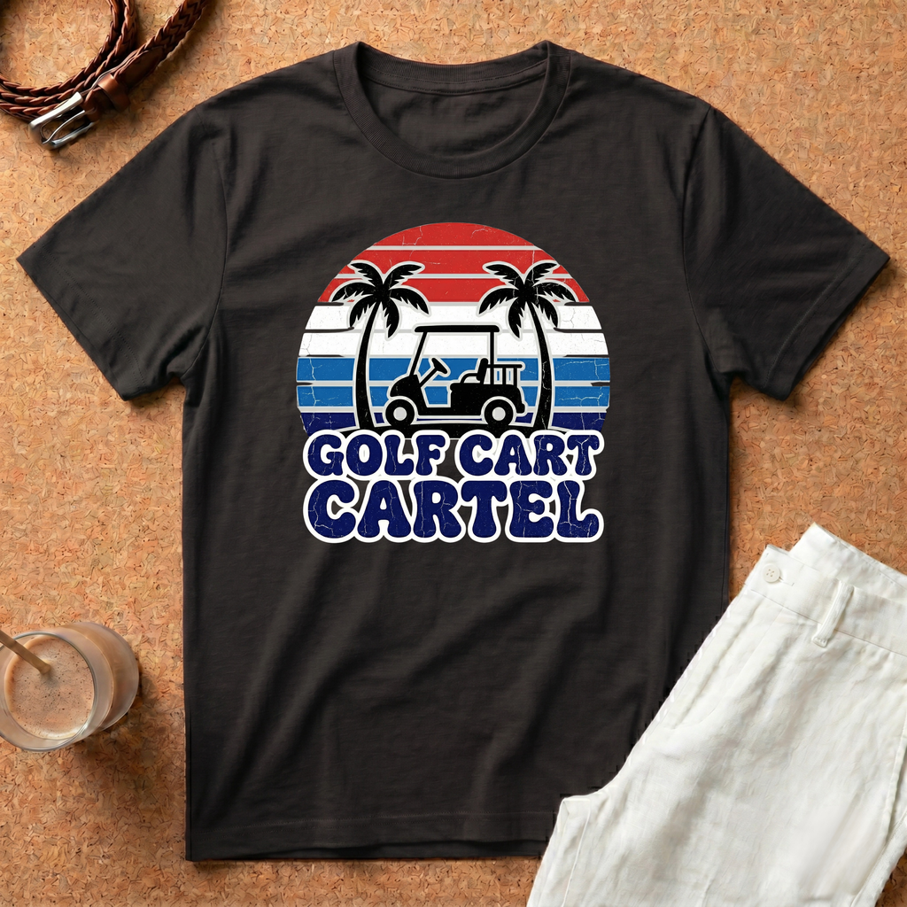 Golf Cart Cartel T-Shirt — Retro Palm Tree Golfing Tee