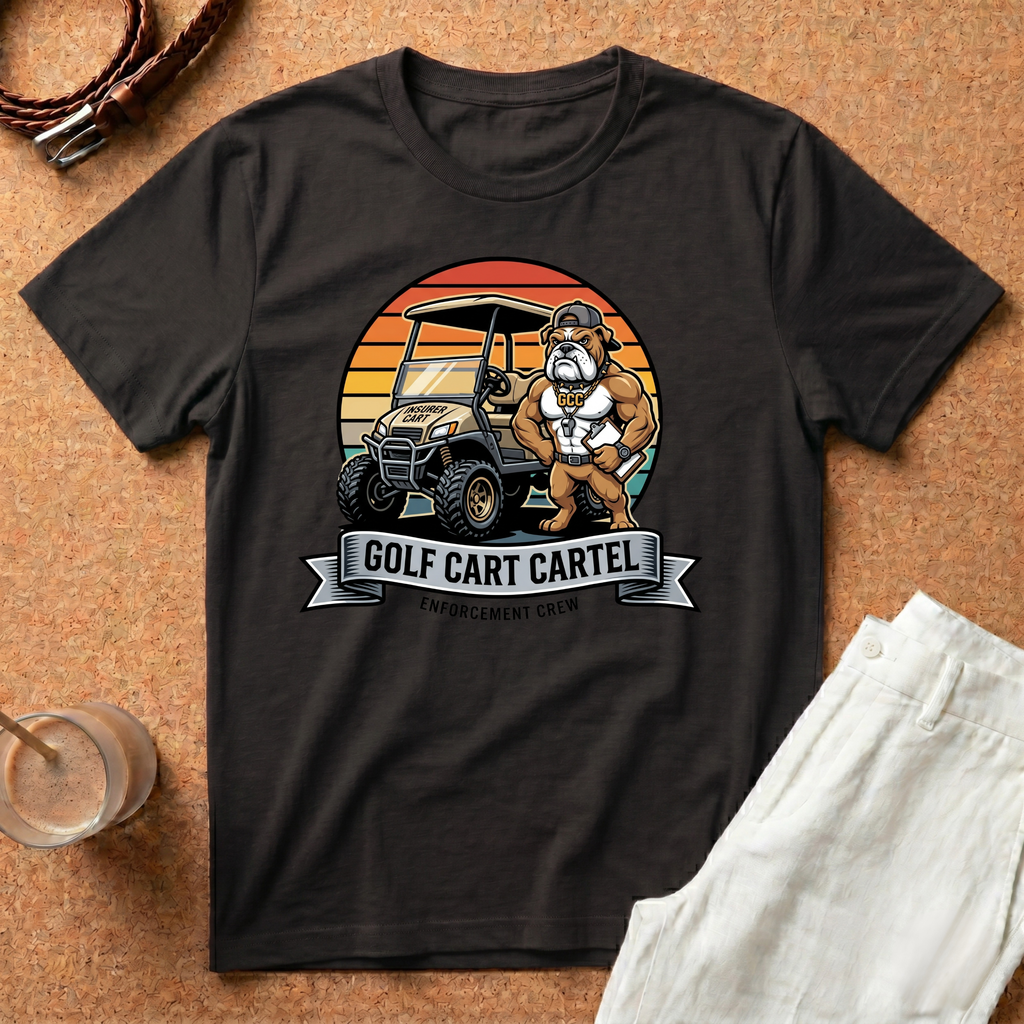 Golf Cart Cartel T-Shirt — Retro Sunset Golf Cart Graphic