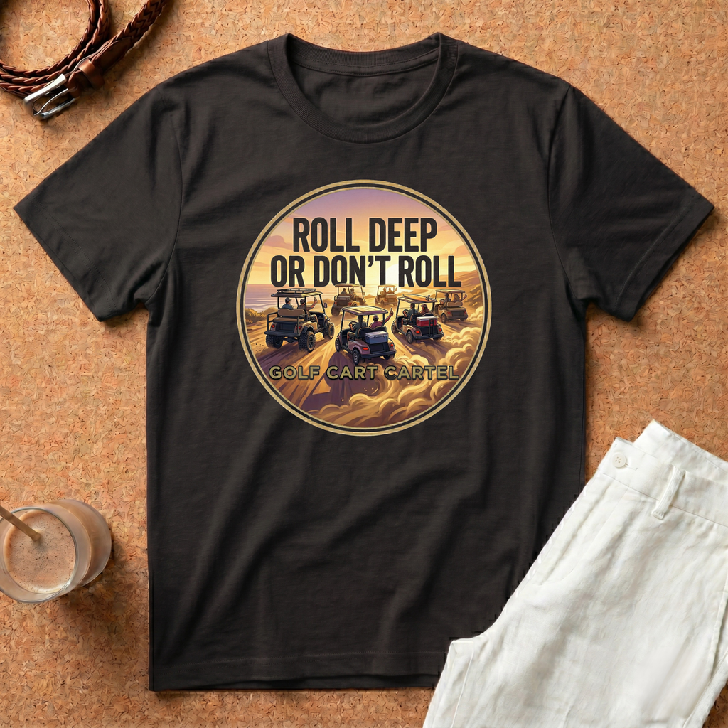 Roll Deep or Don’t Roll Golf Cart T-Shirt — Vintage Sunset Driving Crew Tee