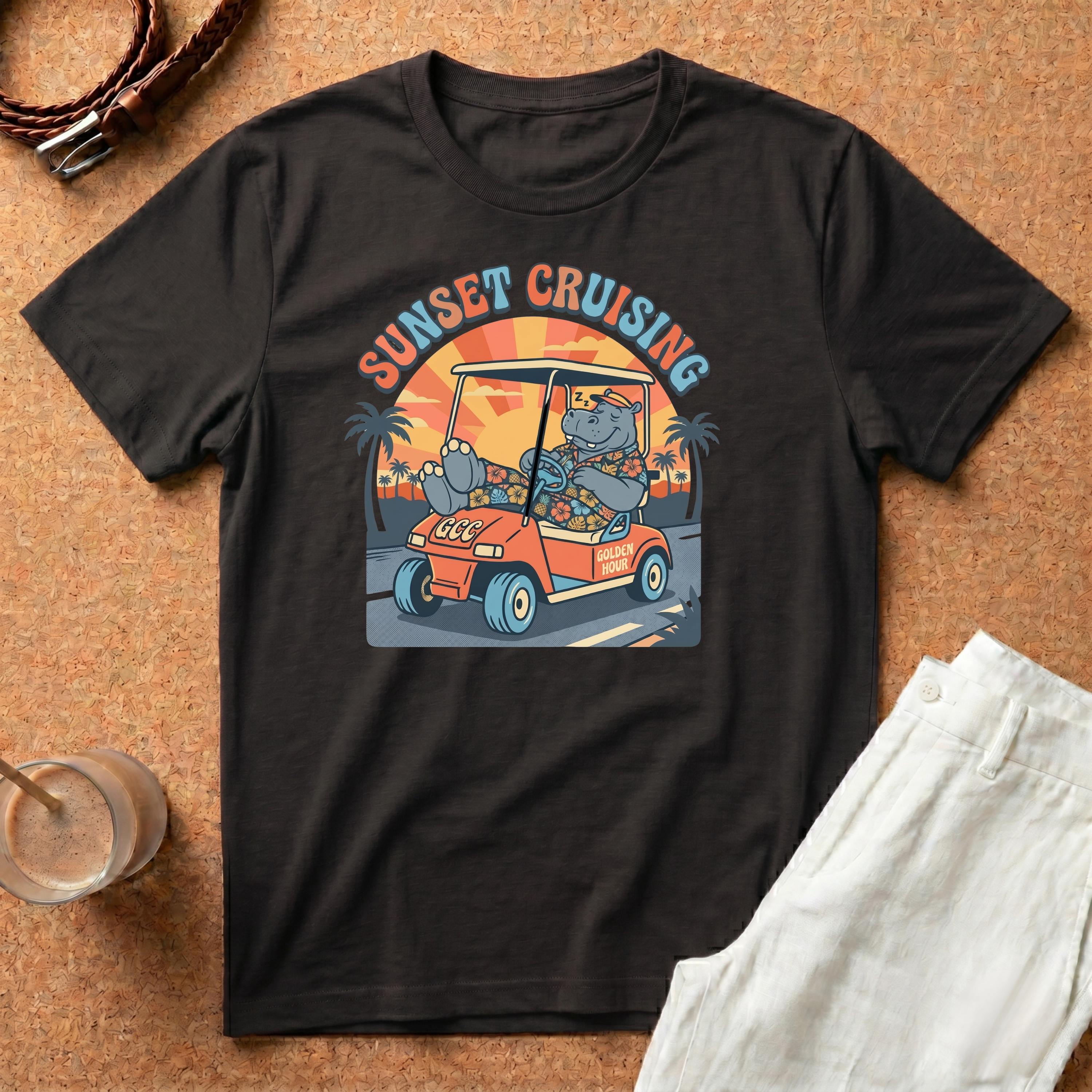 Sunset Cruising T-Shirt — Vintage Golf Cart Beach Tee