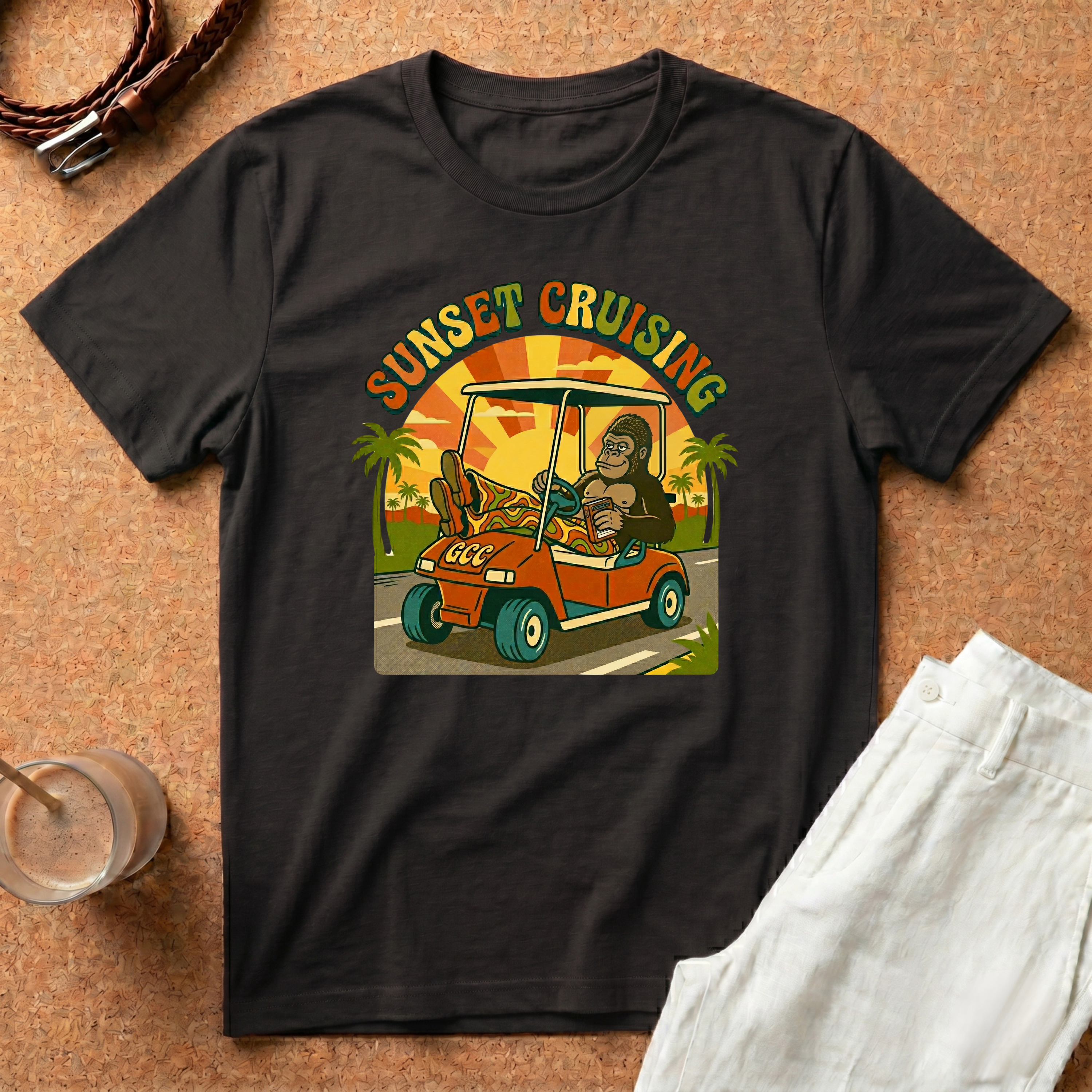 Sunset Cruising T-Shirt — Vintage Golf Cart Beach Tee
