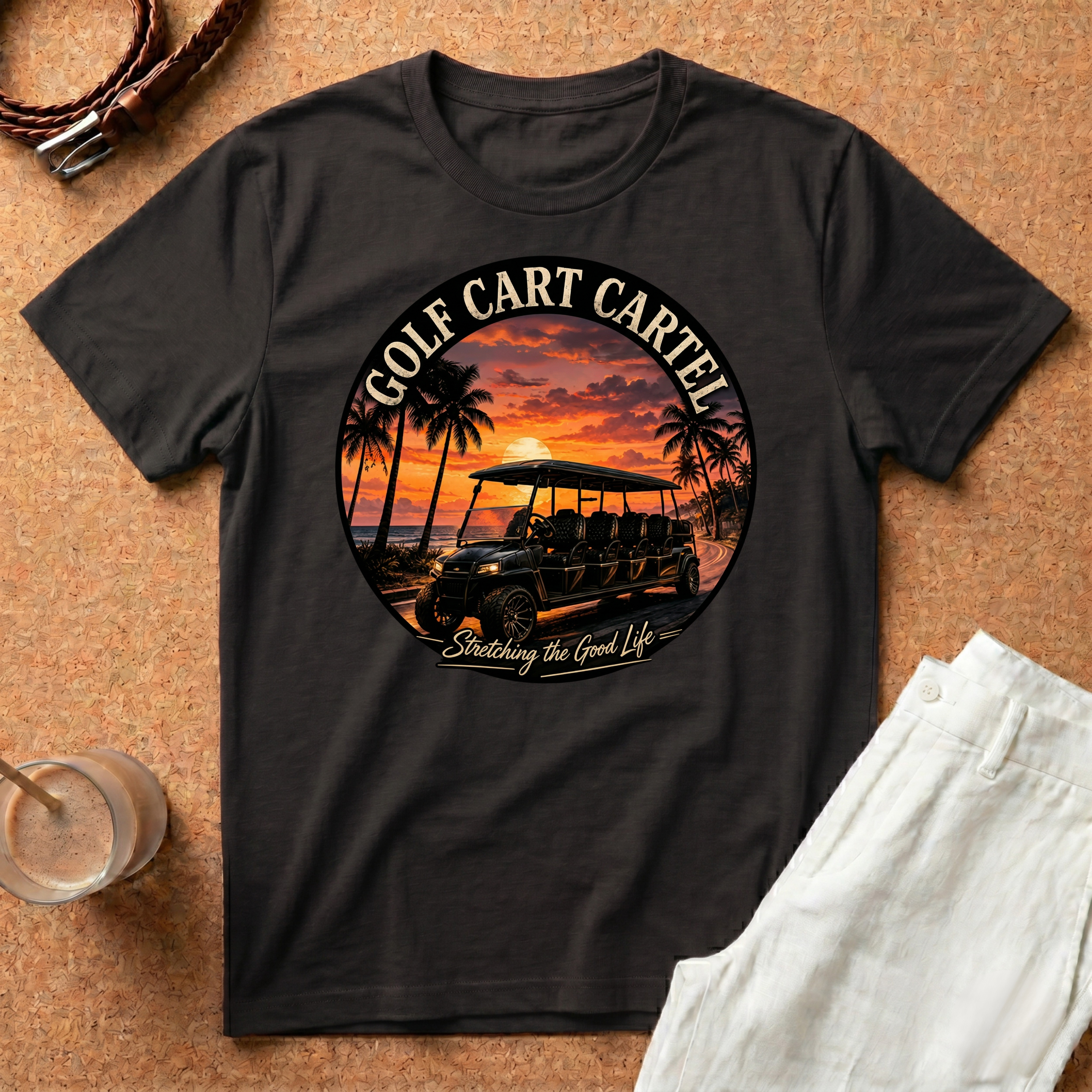 Golf Cart T-Shirt — "Golf Cart Cartel" Sun Set Graphic Tee