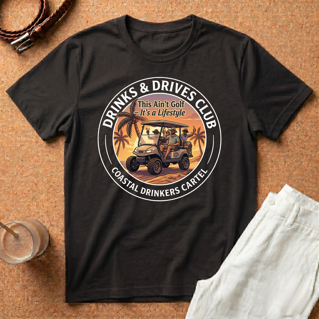 Drinks & Drives Club T-Shirt – Coastal Drinkers Cartel Golf Cart Sunset Tee