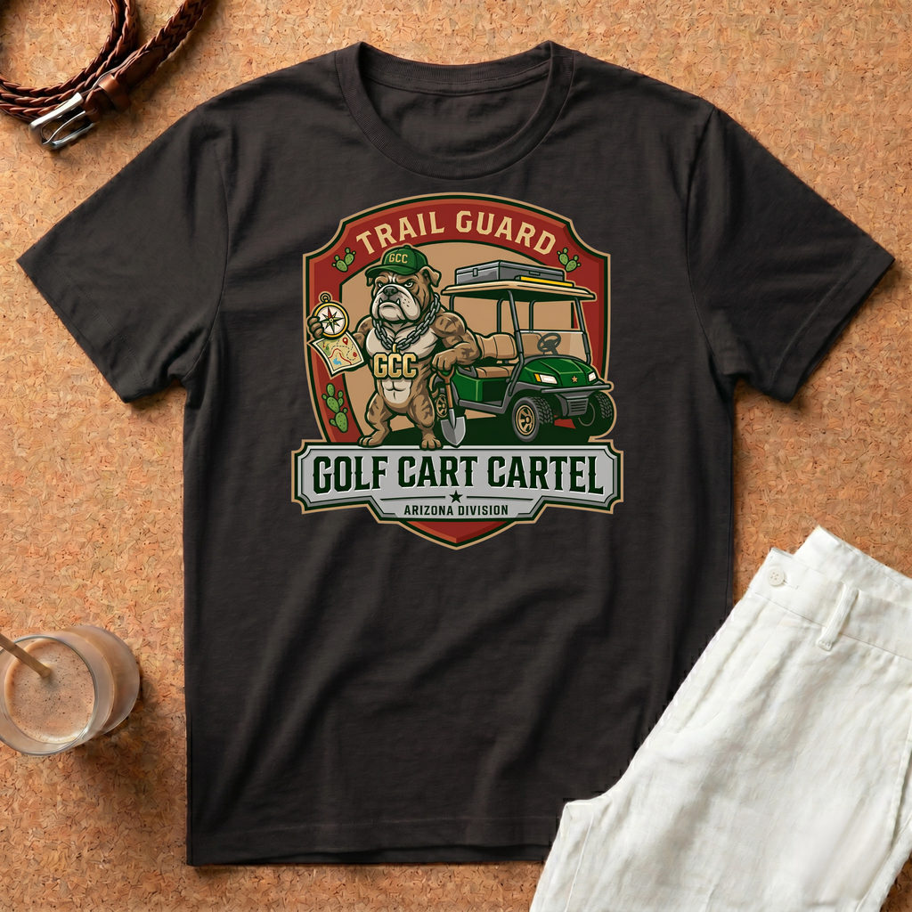 Golf Cart Cartel Trail Guard T-Shirt — Funny Golfing Badge Tee