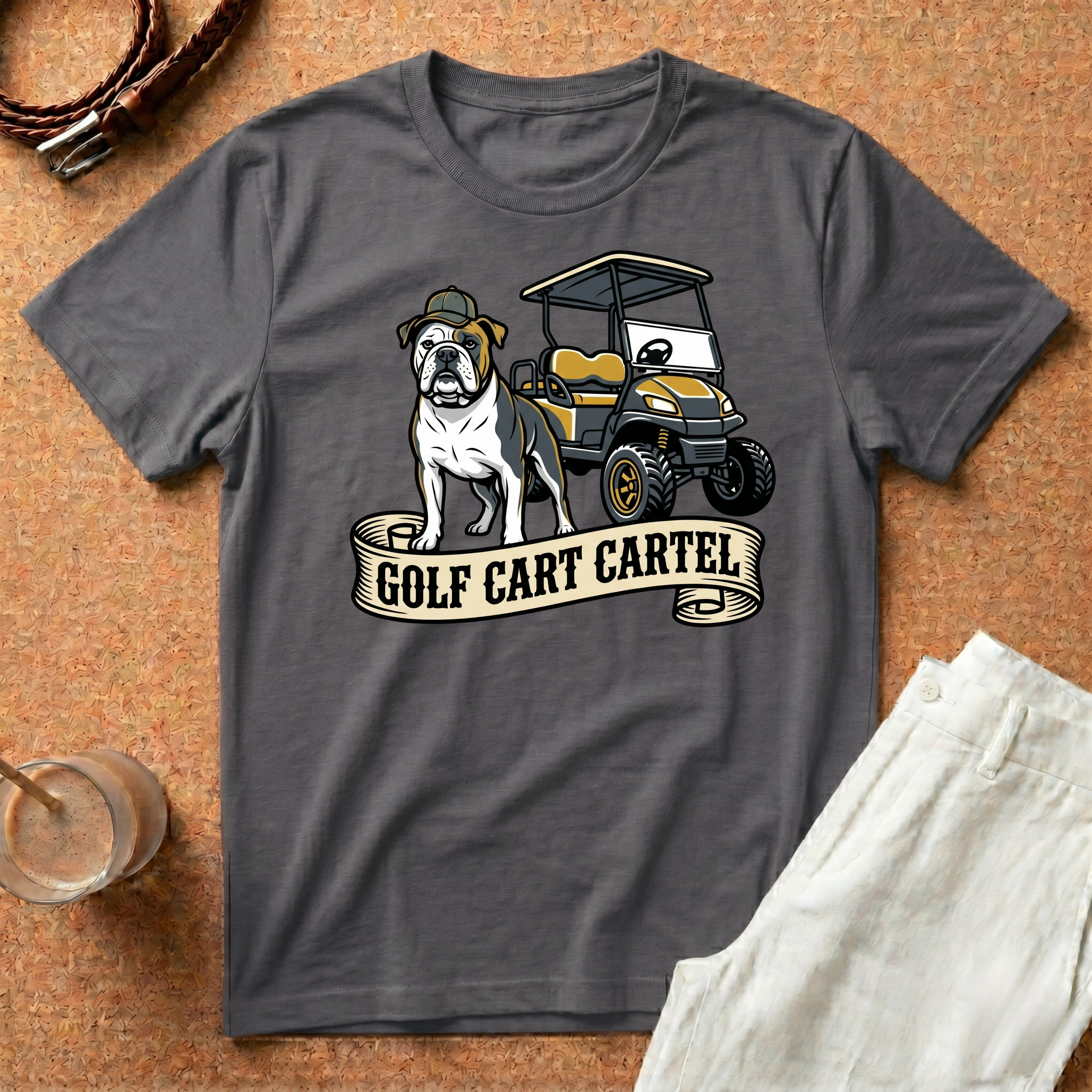 Golf Cart T‑Shirt — 'Golf Cart Cartel' Bulldog & Golf Buggy Graphic Tee