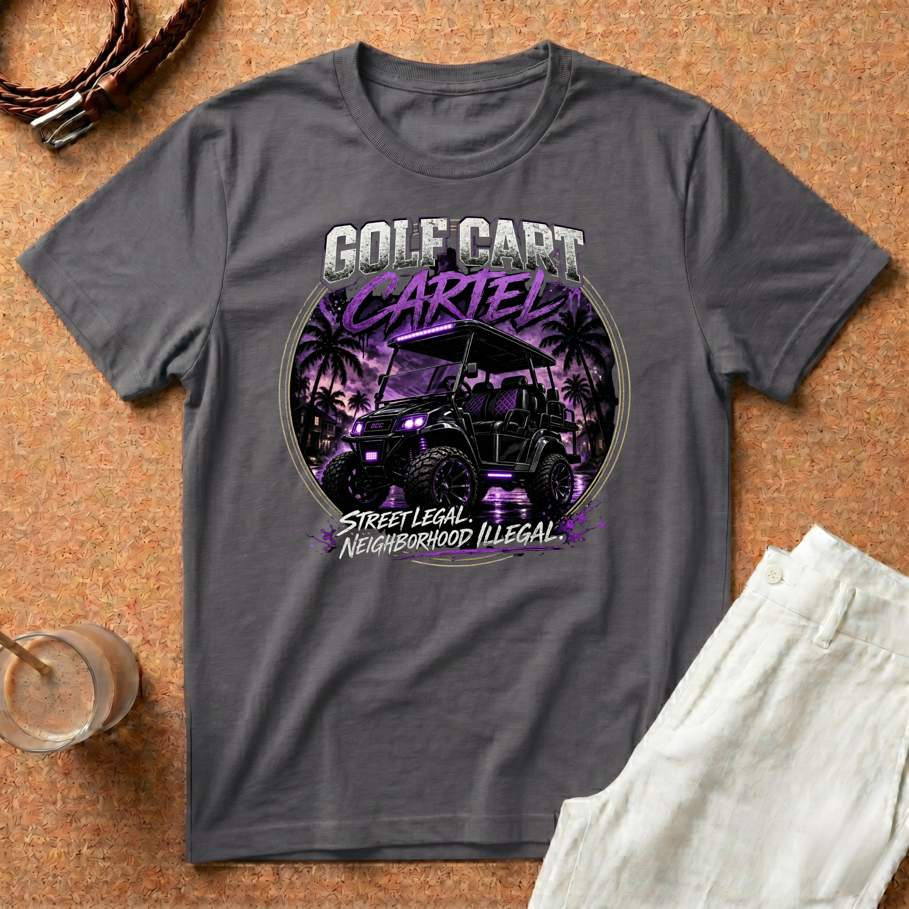 Golf Cart Cartel T-Shirt — 'Street Legal, Neighborhood Illegal' Retro Palm Design