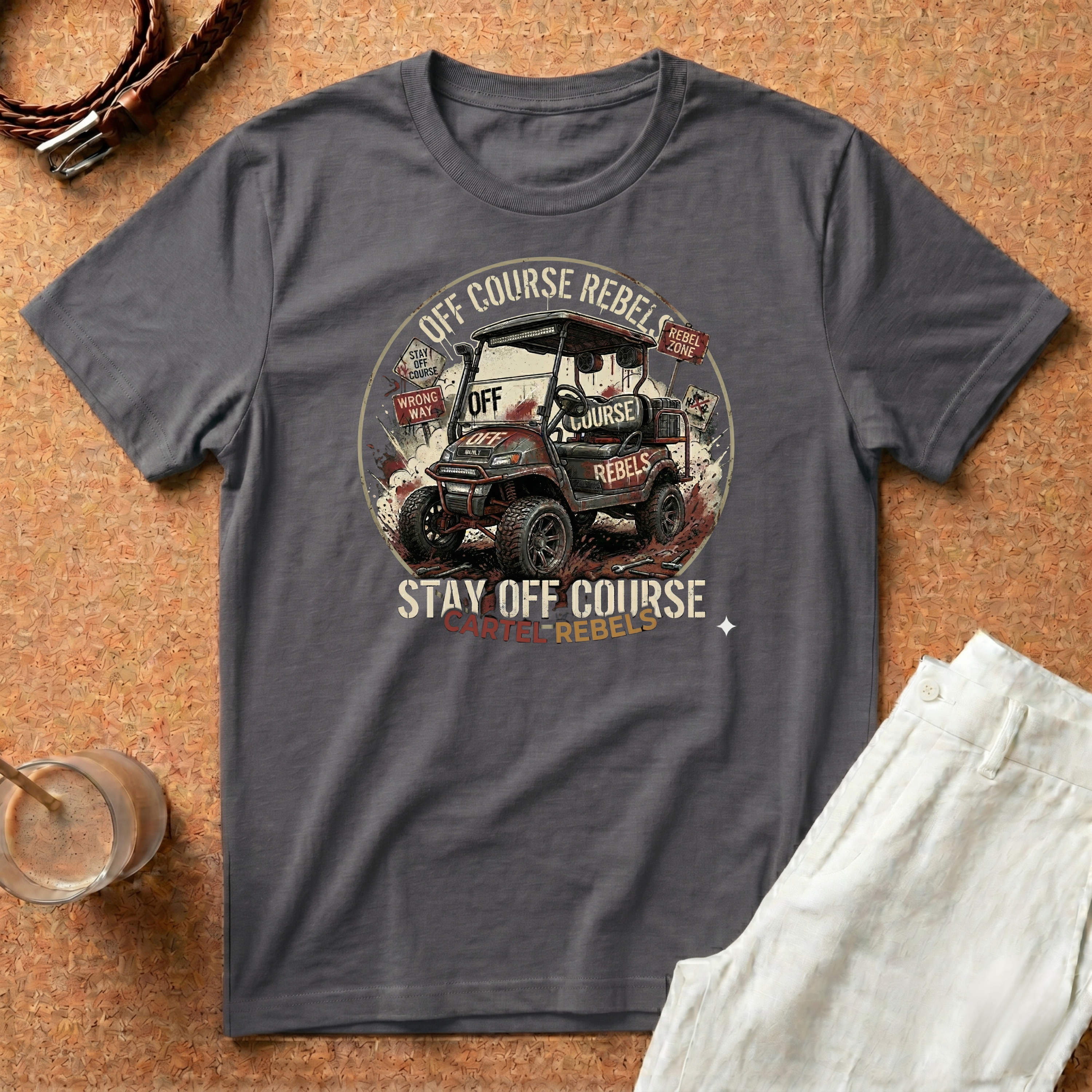 Stay Off Course Rebel T-Shirt – Golf Cart Cartel Adventure