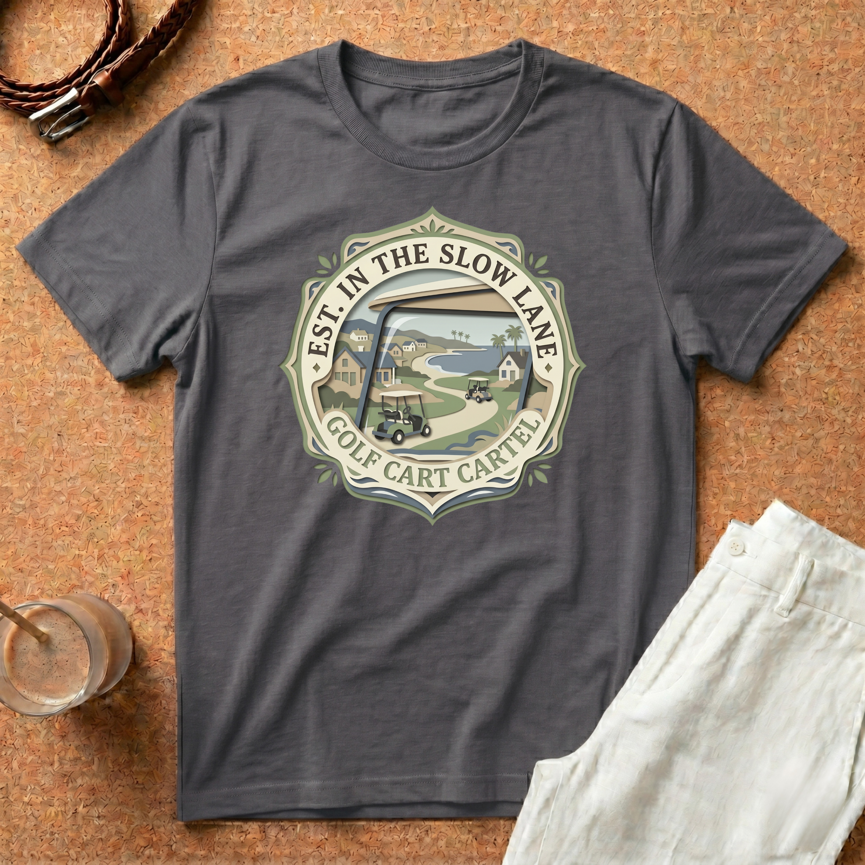 Golf T-Shirt — "Est. In The Slow Lane" Golf Cart Vintage Badge