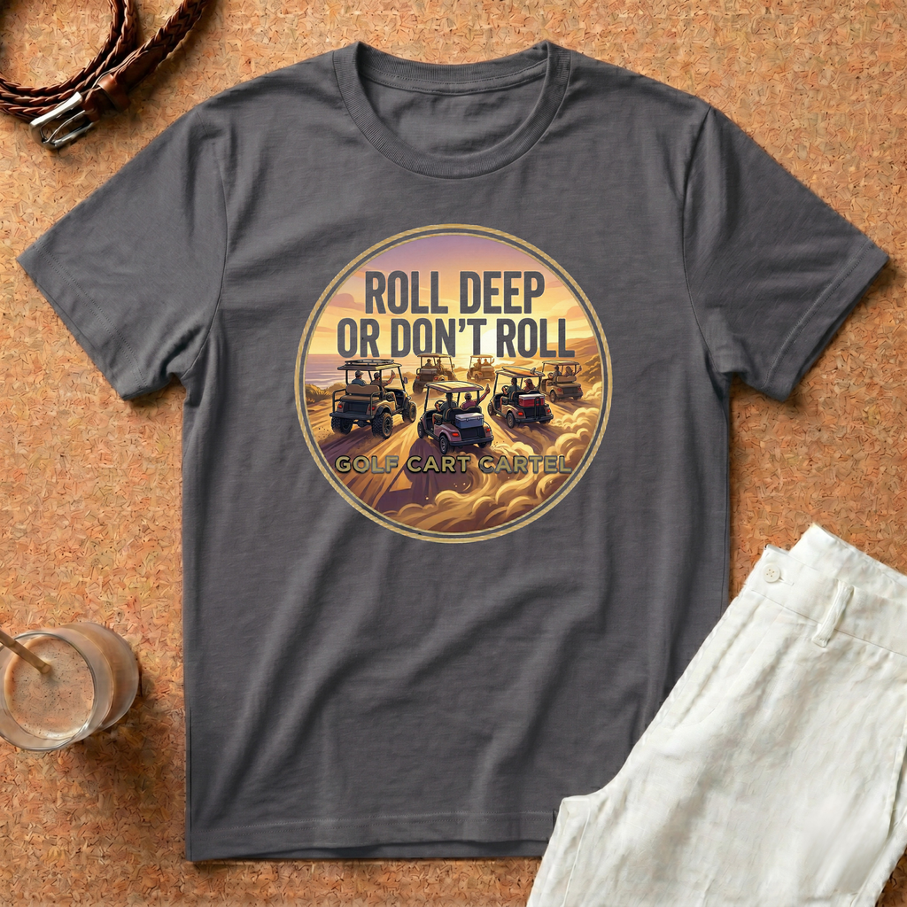 Roll Deep or Don’t Roll Golf Cart T-Shirt — Vintage Sunset Driving Crew Tee