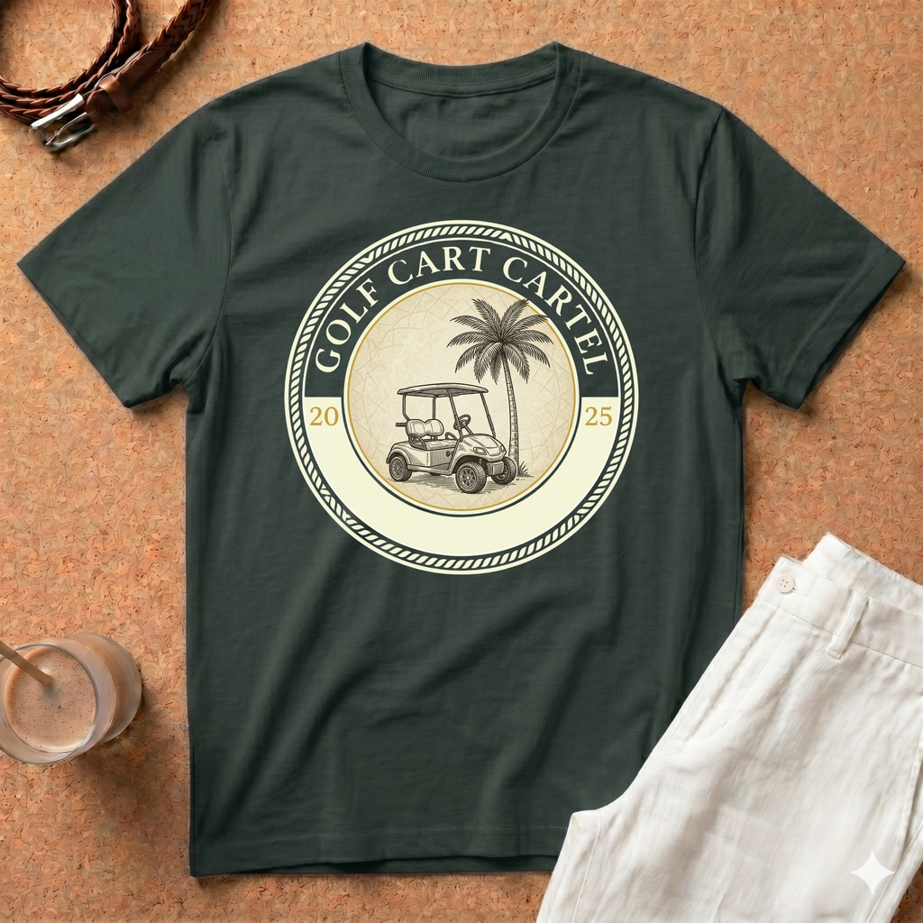 Golf Cart Cartel T-Shirt — Vintage Palm & Cart Design (Since 2025)