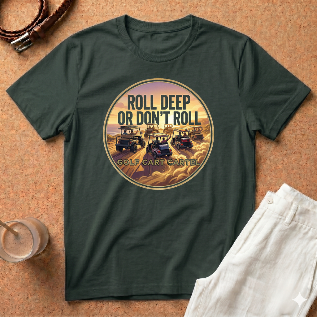 Roll Deep or Don’t Roll Golf Cart T-Shirt — Vintage Sunset Driving Crew Tee