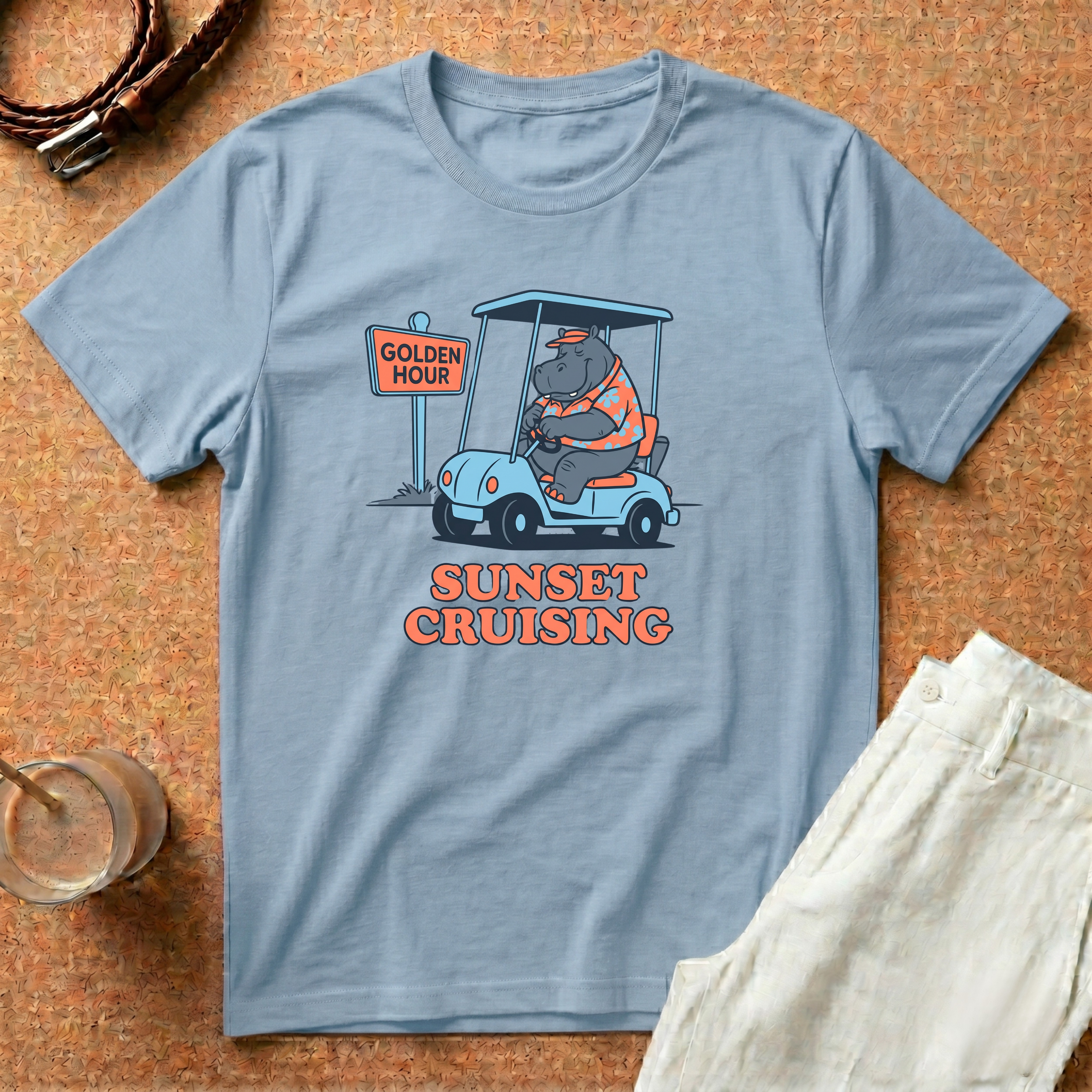 Sunset Cruising T-Shirt — Retro Hippo Golf Cart 'Golden Hour' Graphic Tee