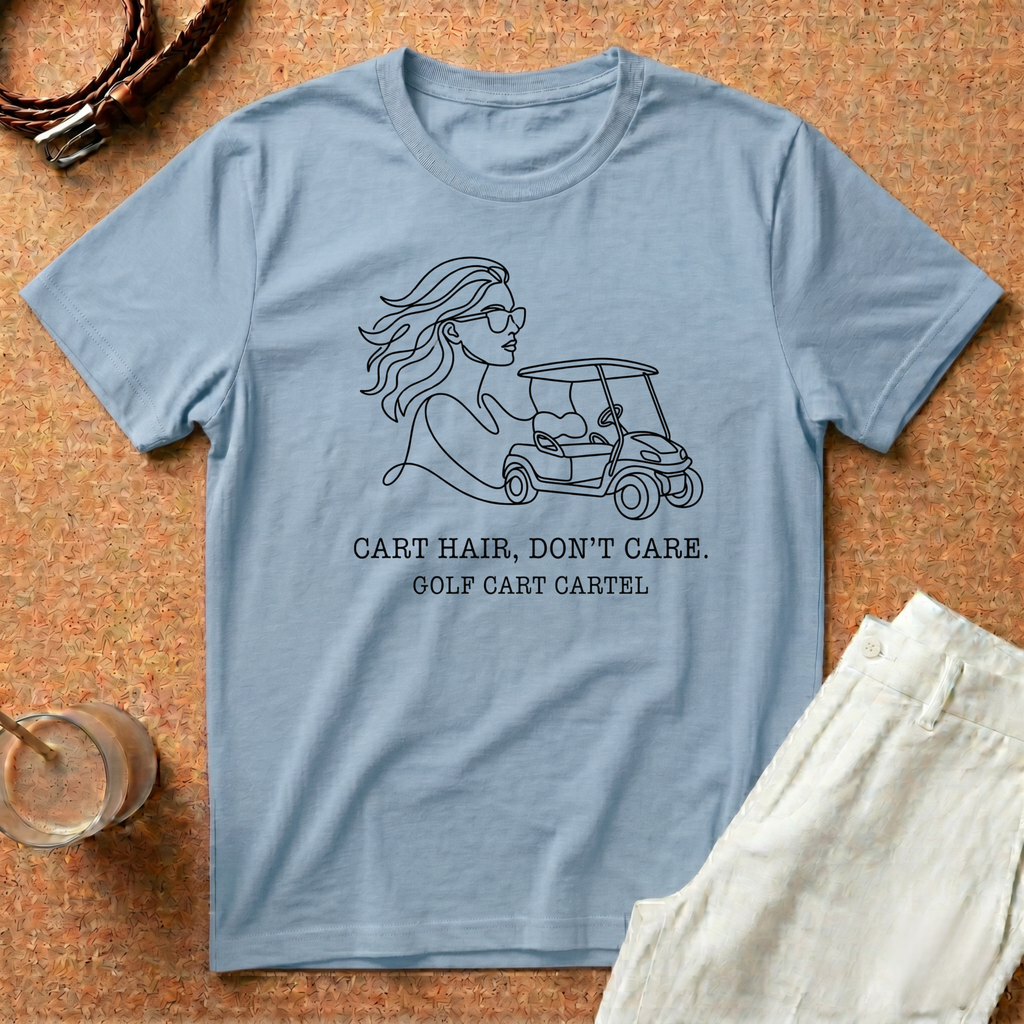 Golf Cart T-Shirt — “Cart Hair, Don’t Care” Graphic Tee for Golf Lovers