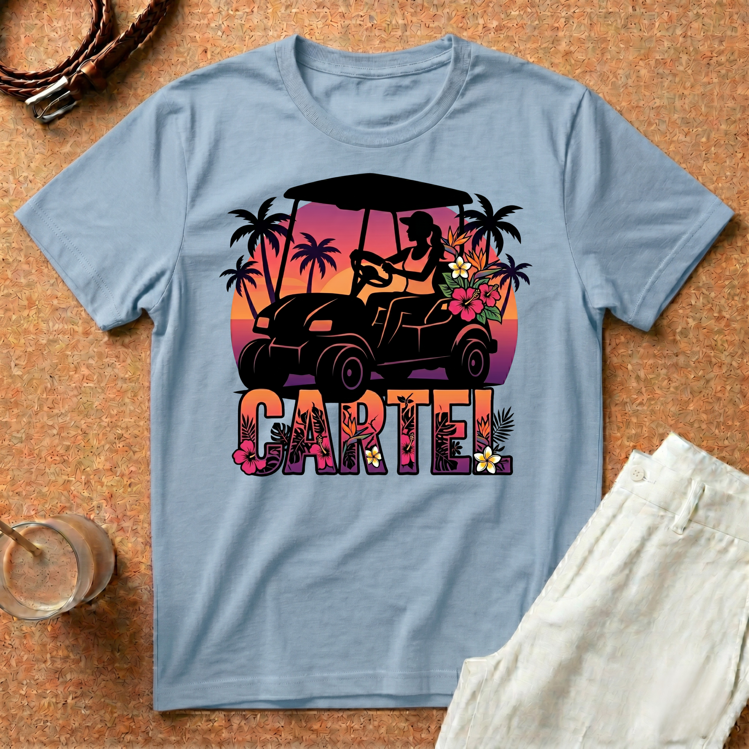 Cartel Golf Cart Sunset T-Shirt — Tropical Palm Beach Vibes