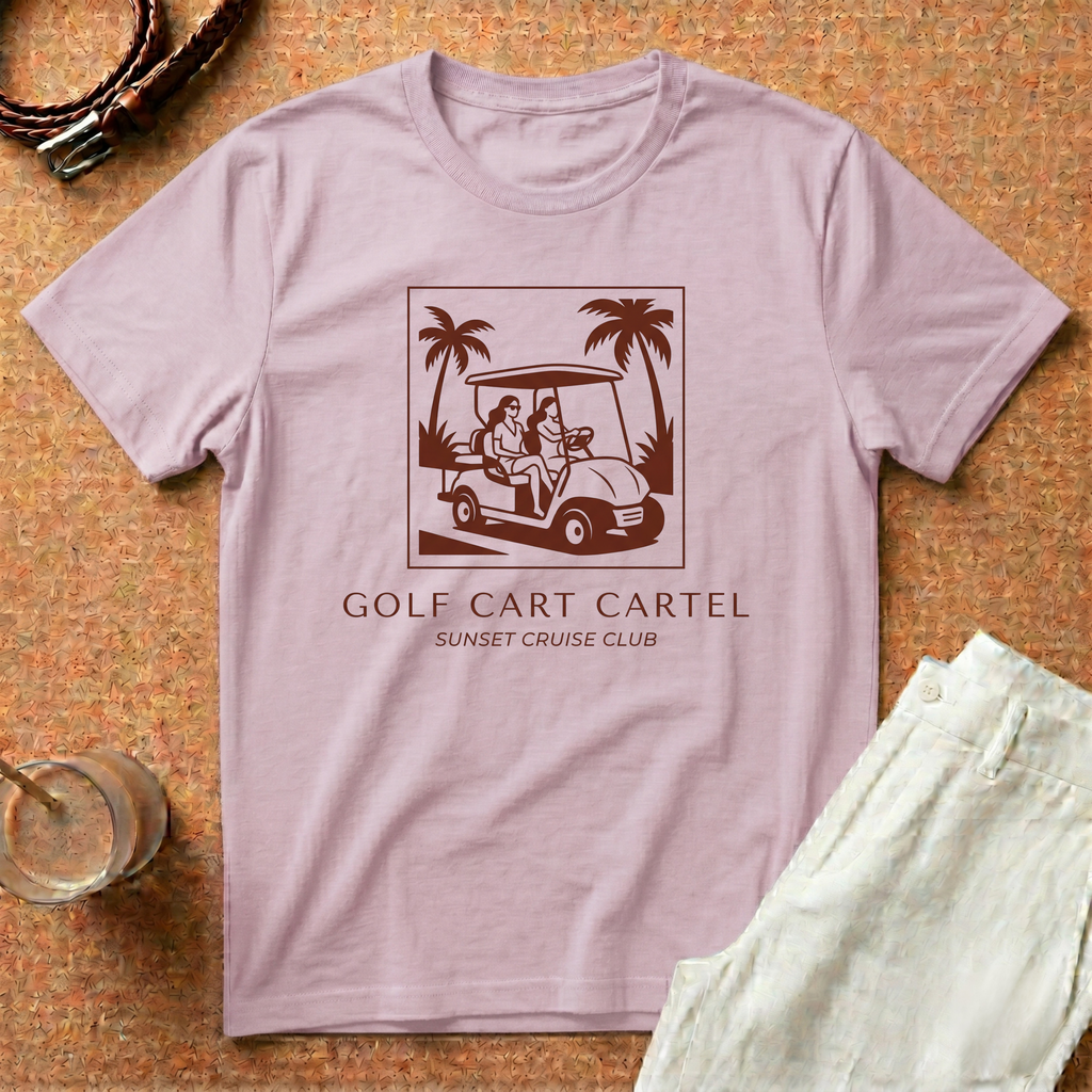 Golf Cart Cartel T-Shirt — Sunset Cruise Club Retro Palm Beach Tee