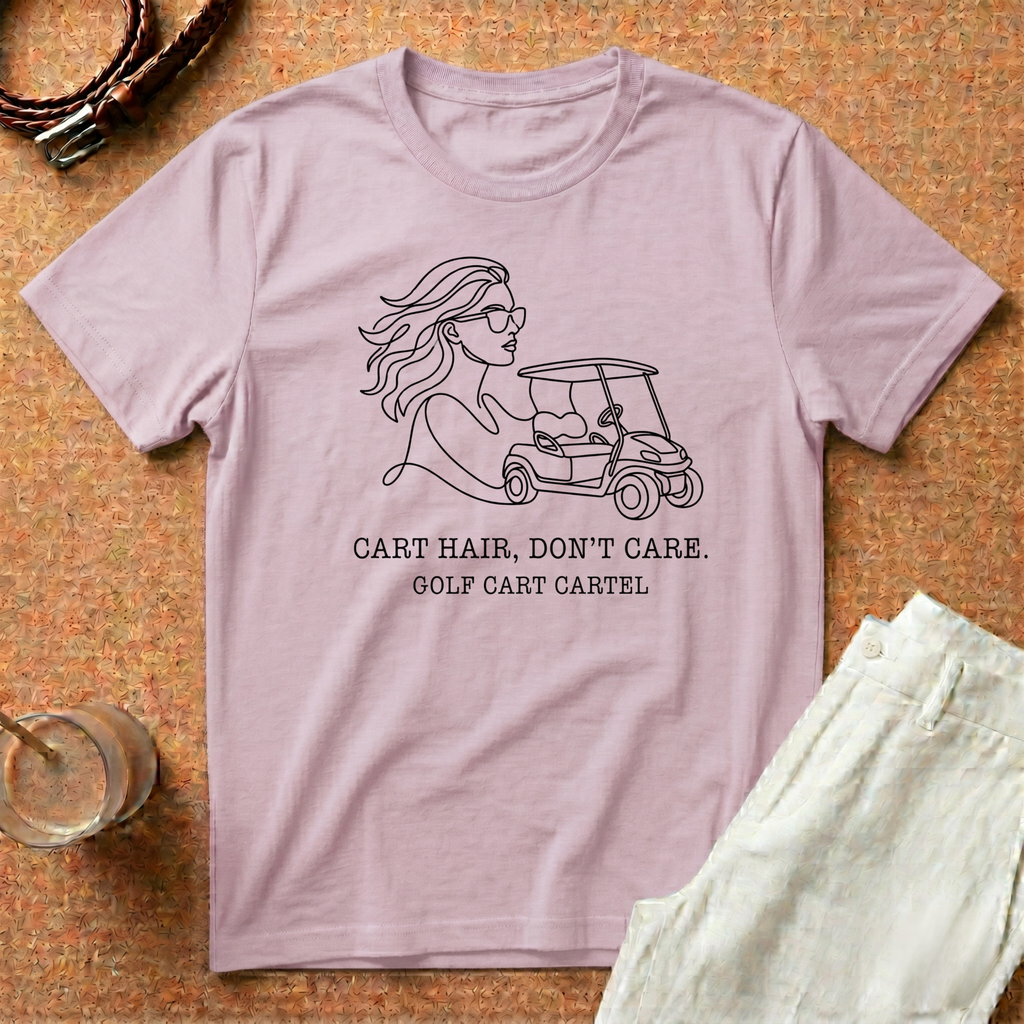 Golf Cart T-Shirt — “Cart Hair, Don’t Care” Graphic Tee for Golf Lovers