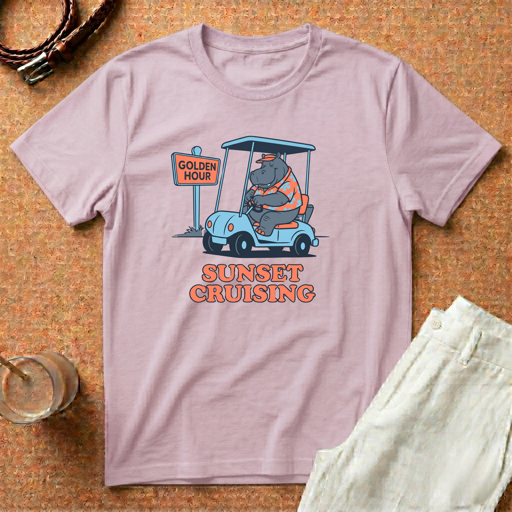 Sunset Cruising T-Shirt — Retro Hippo Golf Cart 'Golden Hour' Graphic Tee