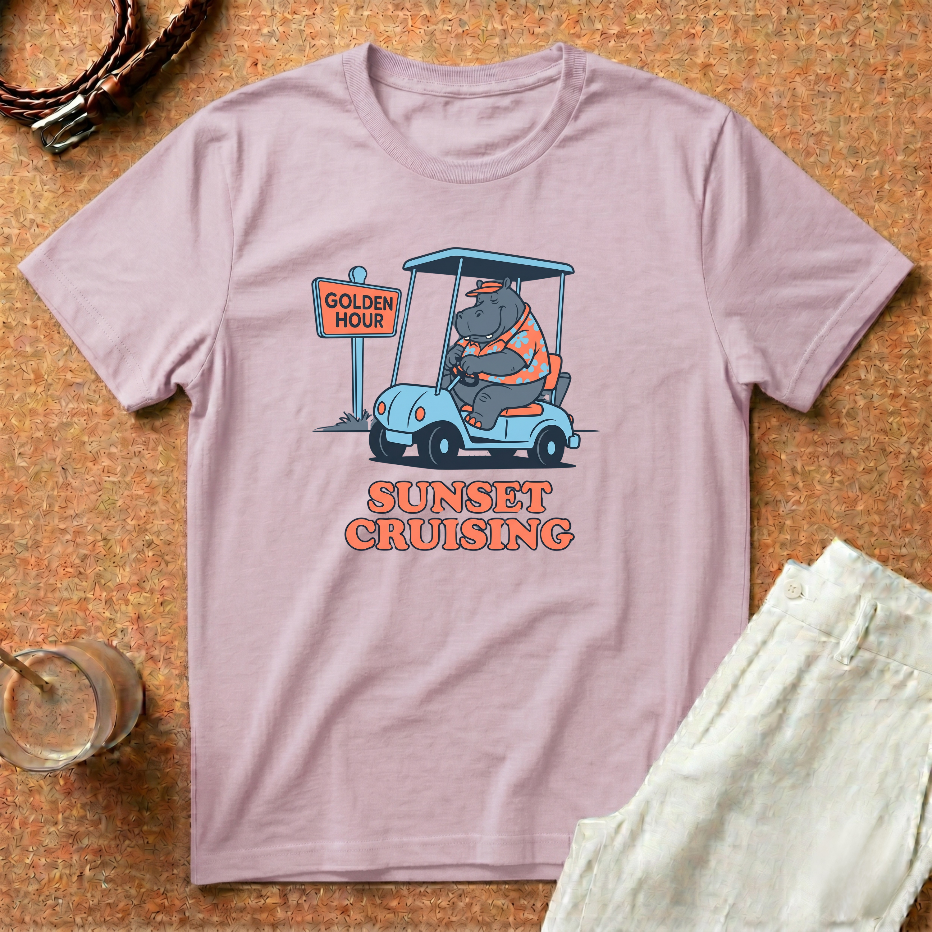 Sunset Cruising T-Shirt — Retro Hippo Golf Cart 'Golden Hour' Graphic Tee