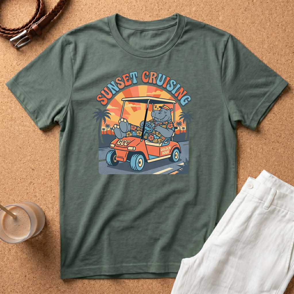 Sunset Cruising T-Shirt — Vintage Golf Cart Beach Tee