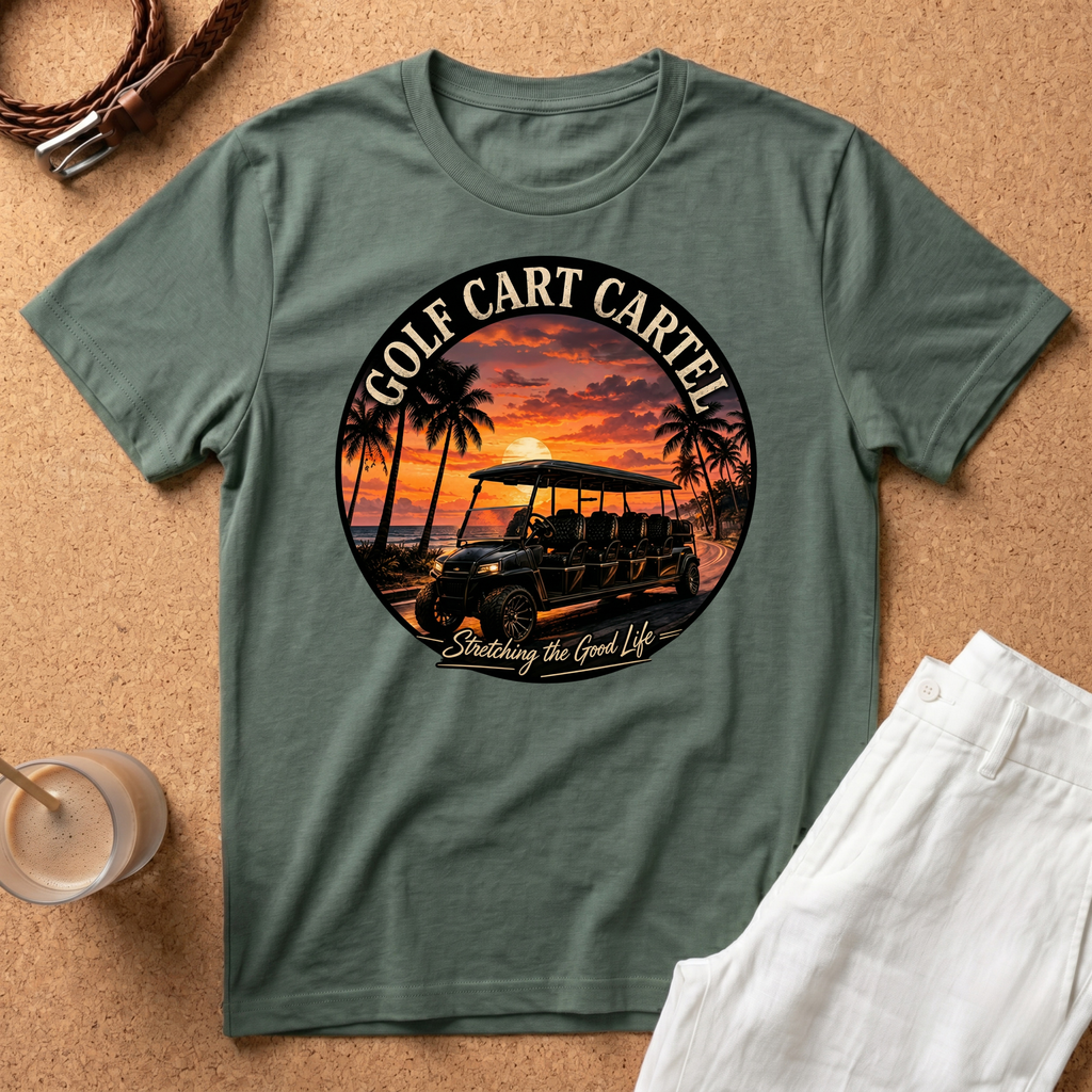 Golf Cart T-Shirt — "Golf Cart Cartel" Sun Set Graphic Tee