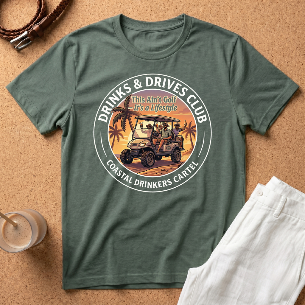 Drinks & Drives Club T-Shirt – Coastal Drinkers Cartel Golf Cart Sunset Tee
