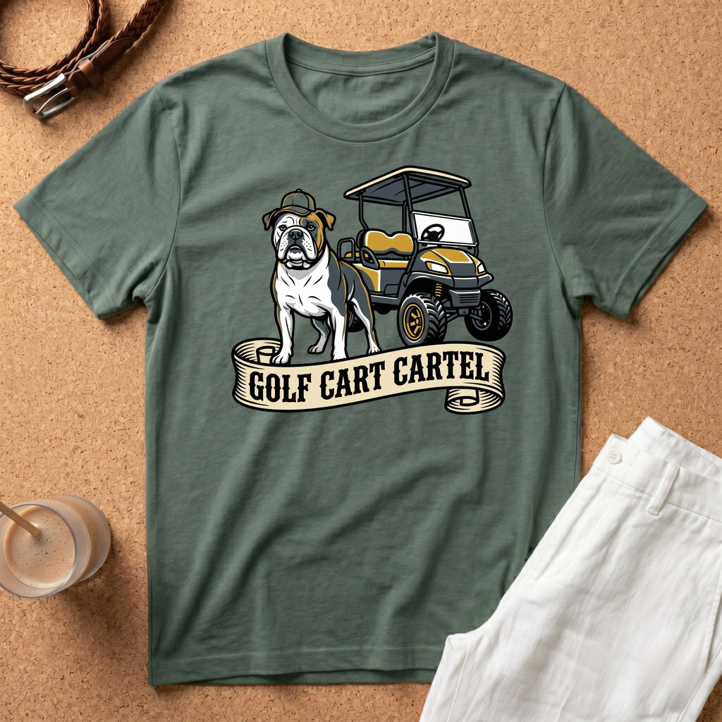 Golf Cart T‑Shirt — 'Golf Cart Cartel' Bulldog & Golf Buggy Graphic Tee