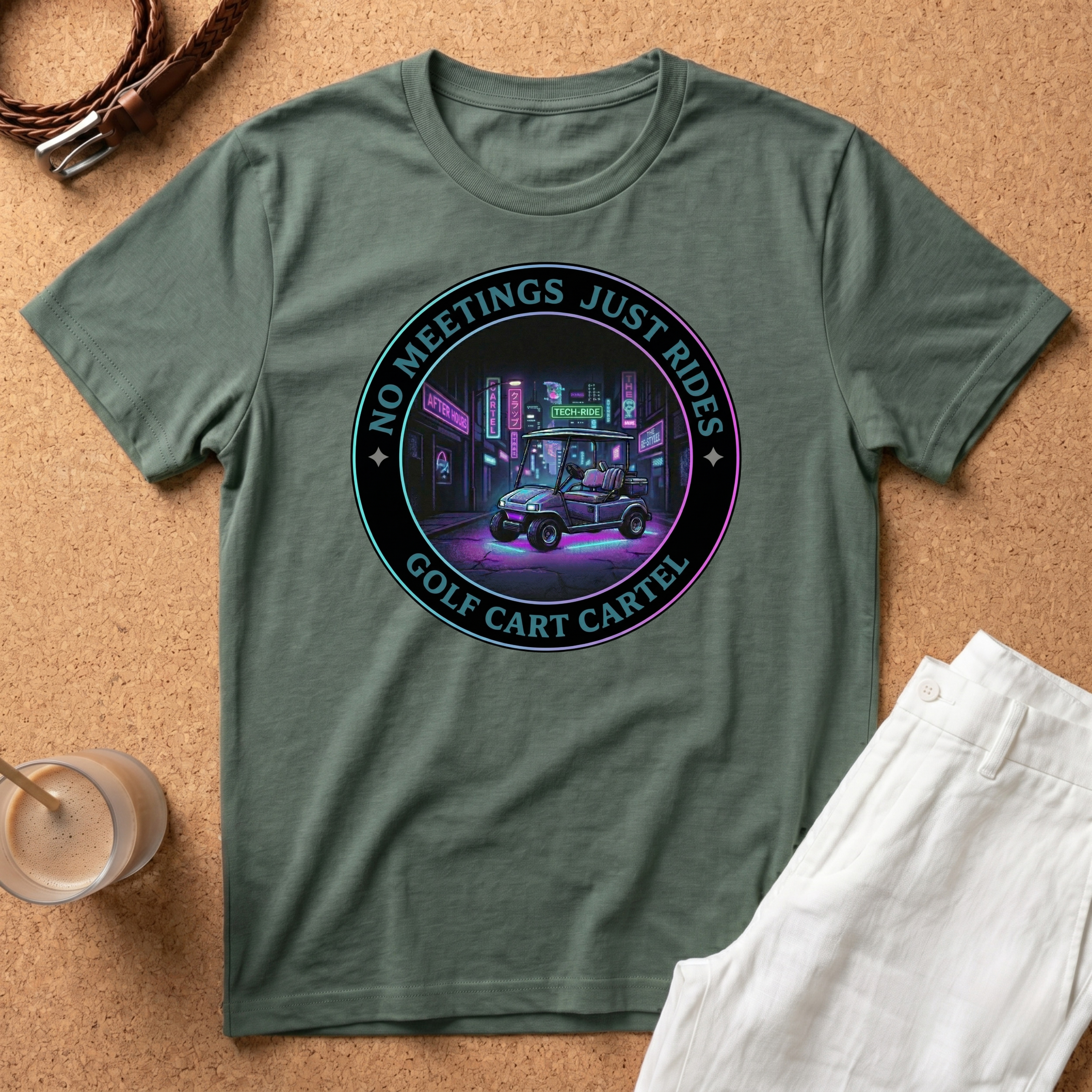 T-Shirt - 'No Meetings Just Rides' Neon Golf Cart Crew Tee