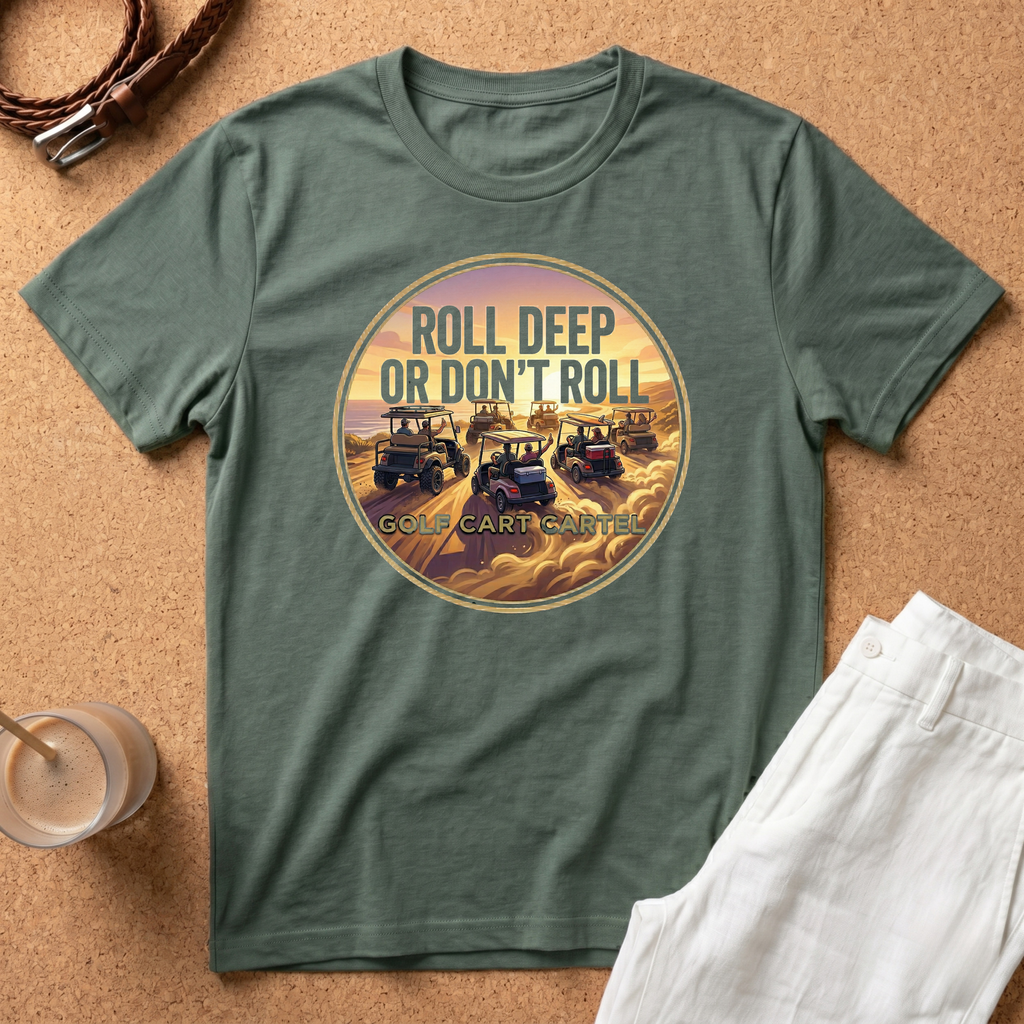 Roll Deep or Don’t Roll Golf Cart T-Shirt — Vintage Sunset Driving Crew Tee