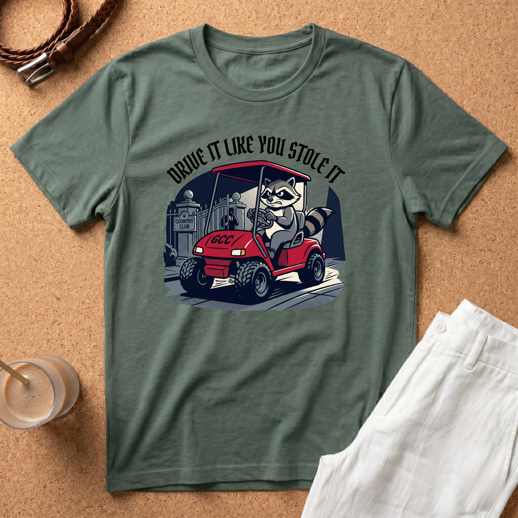 Drive It Like You Stole It T-Shirt — Raccoon Driving Golf Cart Graphic Tee