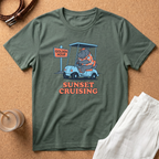 Sunset Cruising T-Shirt — Retro Hippo Golf Cart 'Golden Hour' Graphic Tee