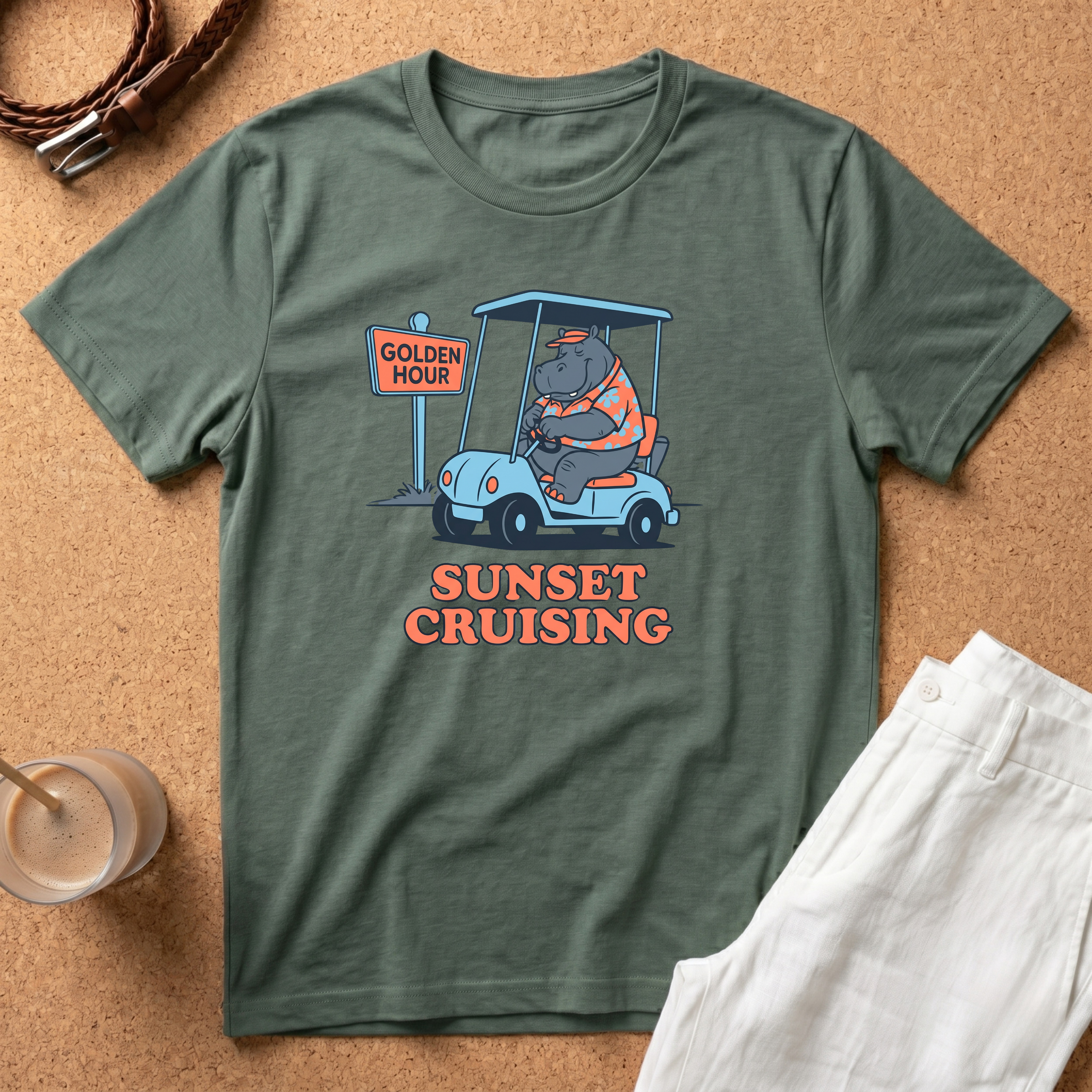 Sunset Cruising T-Shirt — Retro Hippo Golf Cart 'Golden Hour' Graphic Tee