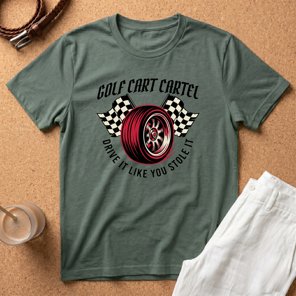 Golf Cart Cartel T-Shirt – "Drive It Like You Stole It" Racing Wheel Tee