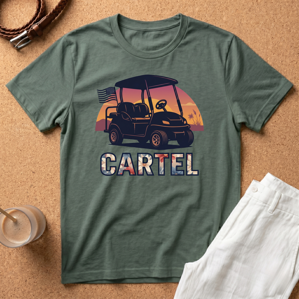 Golf Cart Cartel T-Shirt — Retro Sunset Golf Cart Tee