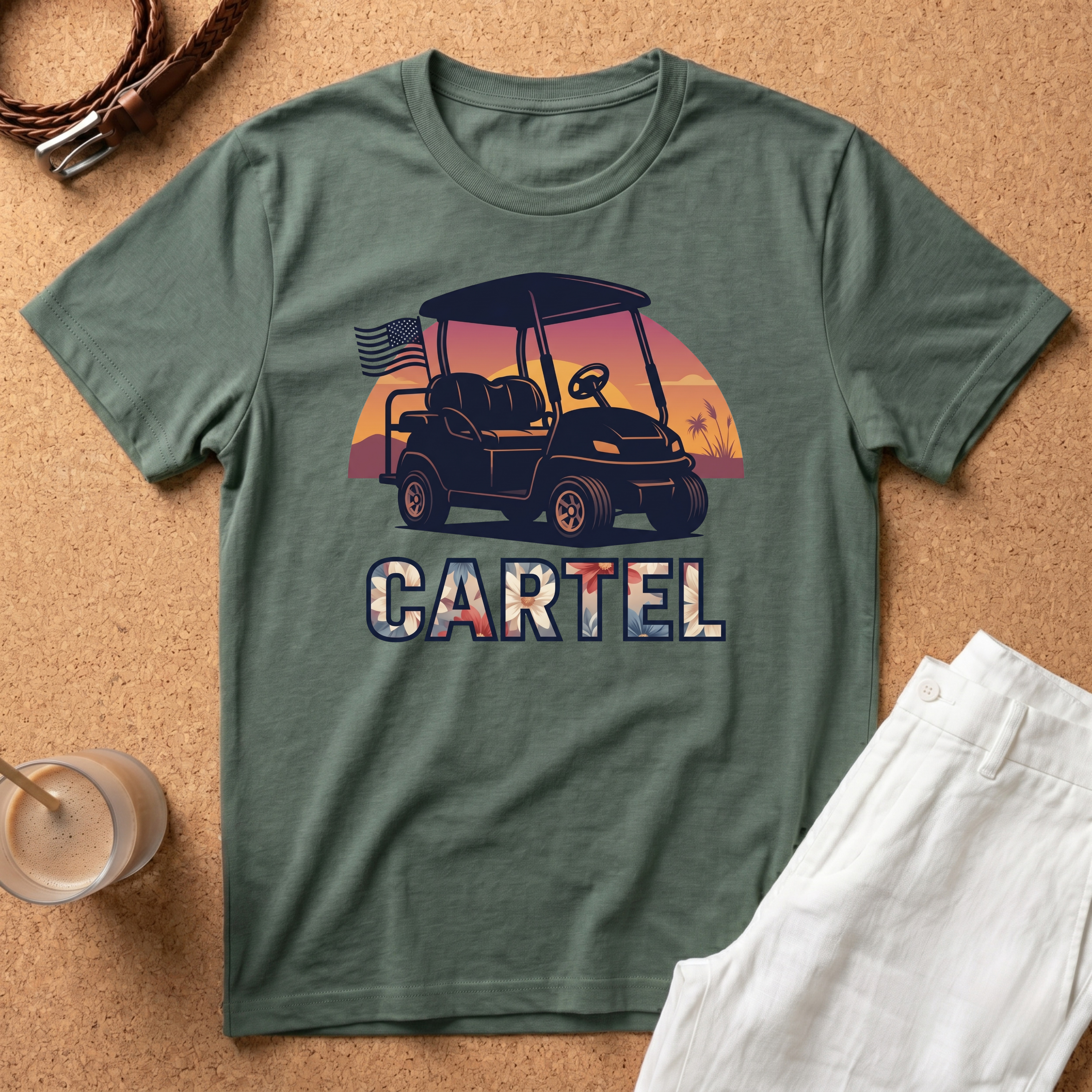 Golf Cart Cartel T-Shirt — Retro Sunset Golf Cart Tee