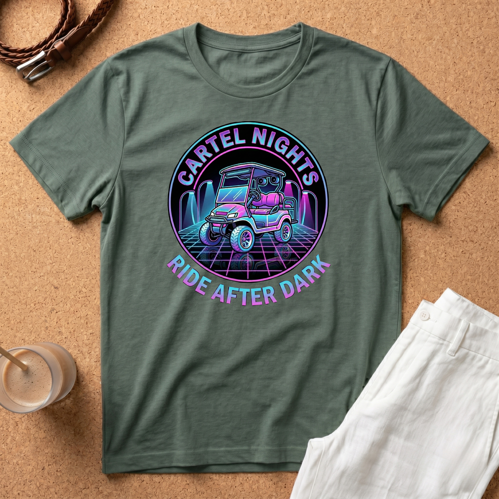 Cartel Nights Golf Cart T‑Shirt — "Ride After Dark" Retro Neon