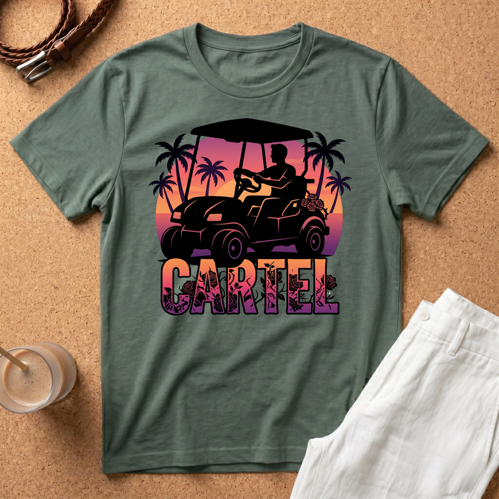 Cartel Golf Cart T-Shirt — Tropical Sunset Palm Beach Vibes