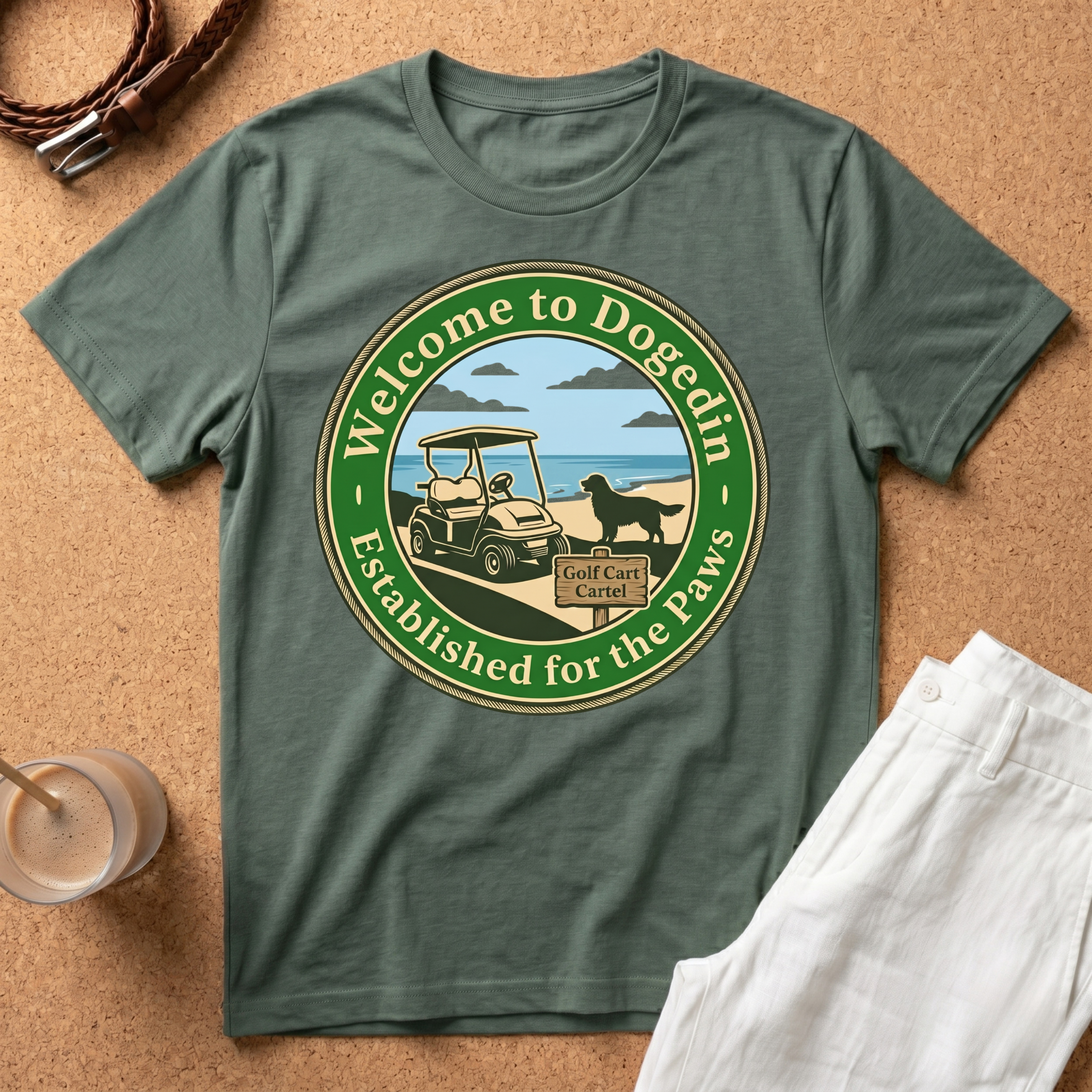 Welcome to Dogedin T-Shirt — 'Established for the Paws' Golf Cart Pet Resort Tee