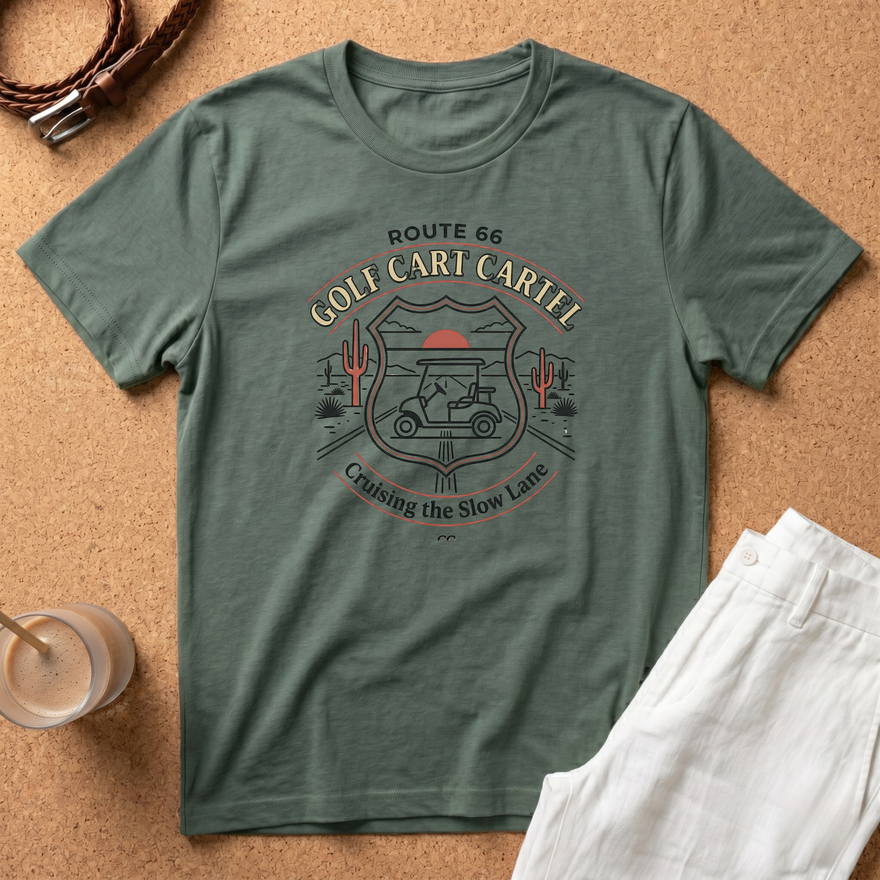 Route 66 Golf Cart T-Shirt — "Golf Cart Cartel" Cruising the Slow Lane Graphic Tee