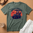 Sunset Cruising T-Shirt — Raccoon Driving Golf Cart Retro Sunset Tee
