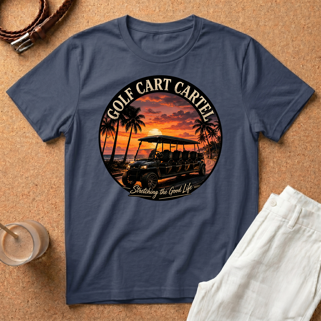 Golf Cart T-Shirt — "Golf Cart Cartel" Sun Set Graphic Tee