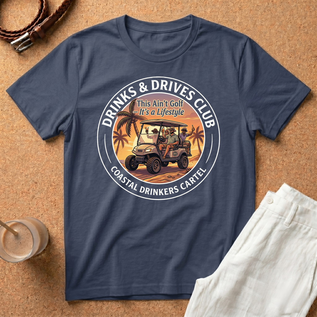 Drinks & Drives Club T-Shirt – Coastal Drinkers Cartel Golf Cart Sunset Tee