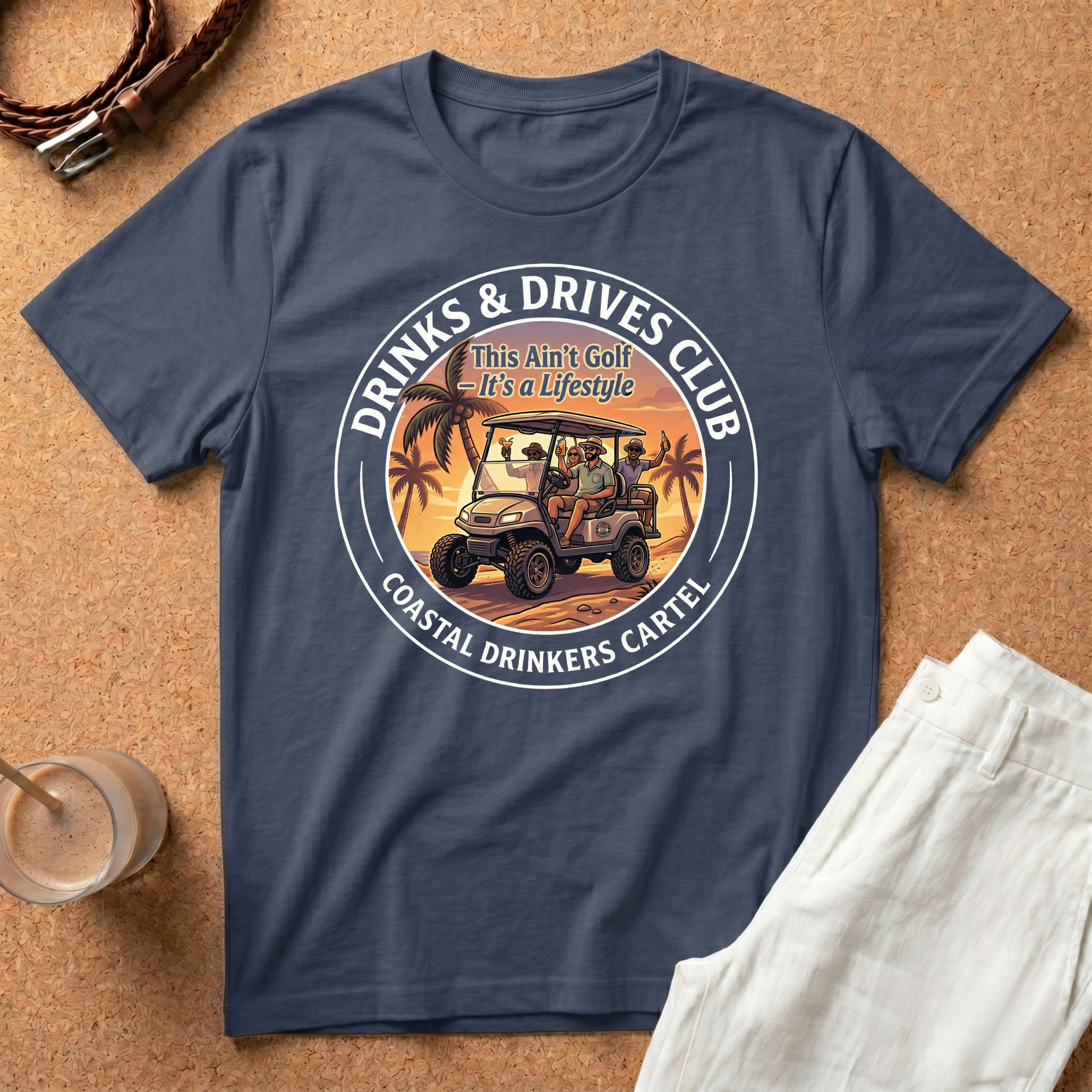 Drinks & Drives Club T-Shirt – Coastal Drinkers Cartel Golf Cart Sunset Tee