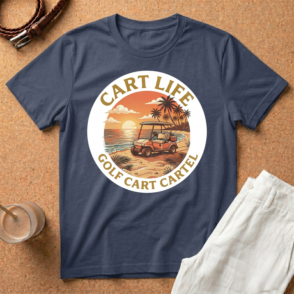 Golf Cart Life Sunset T-Shirt — "Cart Life: Golf Cart Cartel" Retro Beach Tee