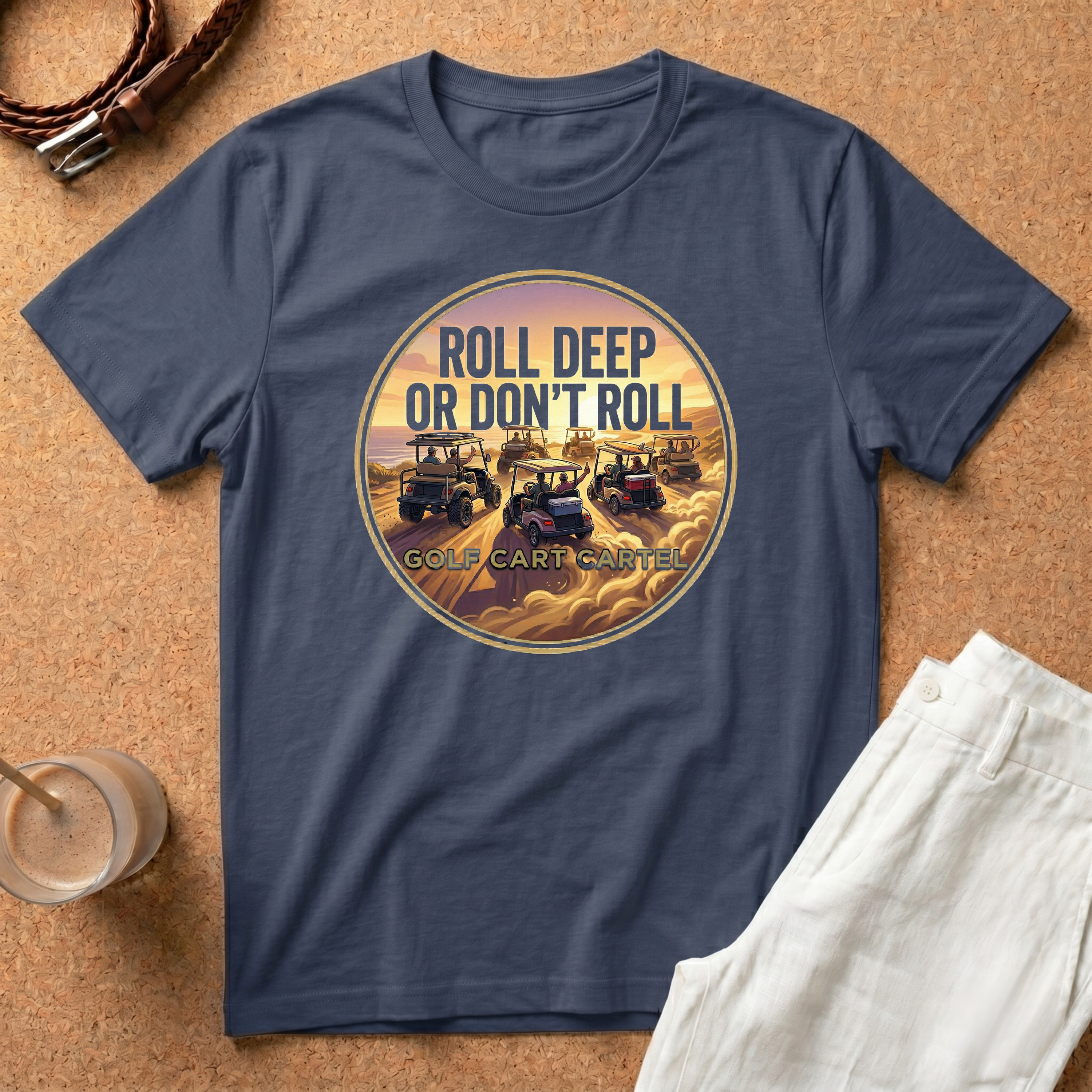 Roll Deep or Don’t Roll Golf Cart T-Shirt — Vintage Sunset Driving Crew Tee